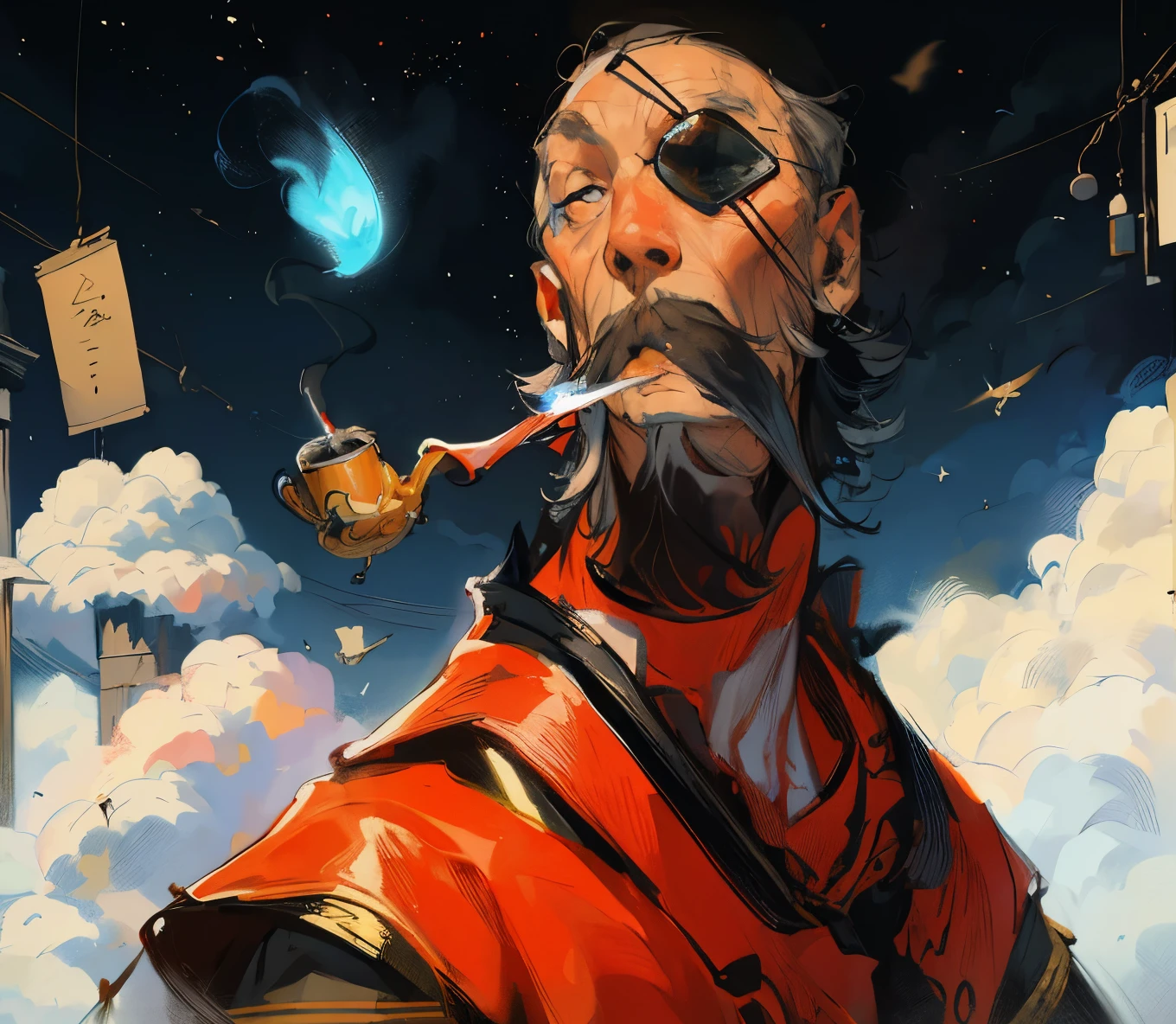 Samdoesart, desenho de um homem com um cachimbo na boca, estilo desonrado, cachimbo de mago, arte conceitual. smoke, estilo de madeira ashley, ((estilo de tinta sf5)), (estilo de tinta sf 5), um retrato do personagem, desonrado inspirado, pintura extremamente detalhada, digital illustration, man, male, old man, ((cachimbo))