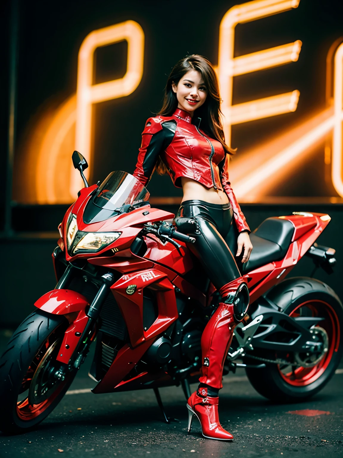((best quality)), ((masterpiece)), ((perfect face))、((detailed motorcycle))、Detailed and clear photos、((Cyborg Woman))、Pink long-sleeved riding jacket and leather pants))、((riding a motorcycle))、((cybernetics))、slender body、((Woman with mechanical body))、communication headset、(((steel fingers)))、(((The body is mechanized)))、full body shot、The background is a futuristic city、smile、Landscape