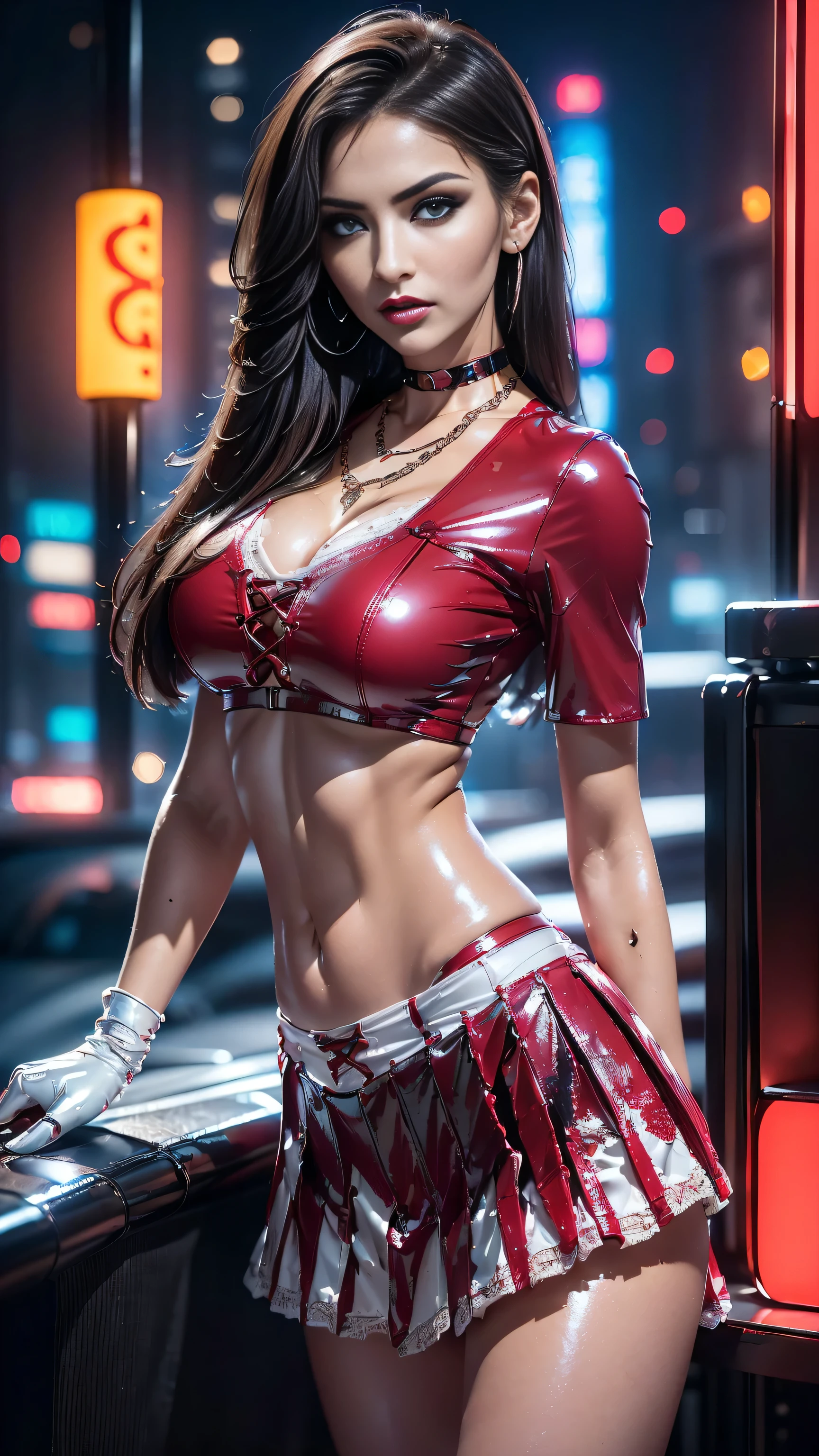 ((masterpiece))、((Ultra-realistic最high quality、 8K、 The ultra -The high-definition))、(photorealistic:1.66)、(Realistic:1.6)、 ((absurdres))、 Super beautiful、(Body, Fit Sexy Uniform)、(Luxurious shiny latex:1.4)、((white PU leather Crop Top:1.3))、((white eye-catching latex lace-up over-the-knee boots:1.3)), (Underwear White Sexy Bikini Super Ultra Small), (luxury red latex:1.25)、((Red-white pleated mini skirt:1.4))、18 years old、((wearing white gloves))、cute girl、(sharp focus)、(perfect female body:1.4)、(Super beautiful body)、(beautiful detailed face:1.5)、(detailed eyes:1.45)、(detailed lips:1.35)、(Detailed nose:1.25)、(Increase quality:1.35), (best quality real texture skin:1.28), (finely detailed eyes), perfect proportions、(((shot to the knees:1)), Fearless look、narrow waist、((Beautiful girl with long legs and good style:1.4))、beautiful feet、(long hair:1.33)、((firm big full breasts:1.3))、((sexy butt))、(Standing facing the front:1.4)、dark shot:1.08、((brown_eyes:1.3))、((dark_eyeshadows:1.65))、 (red_lipstick:1.35)、((perfect round eyes))、(pink_makeup:1.4)、(matte skin:1.42)、(chain choker:1.3)、((cros necklace:1.4))、earrings:1.4、1 screen display、(Beautiful night view of Cyberpunk City:1.28), UHD