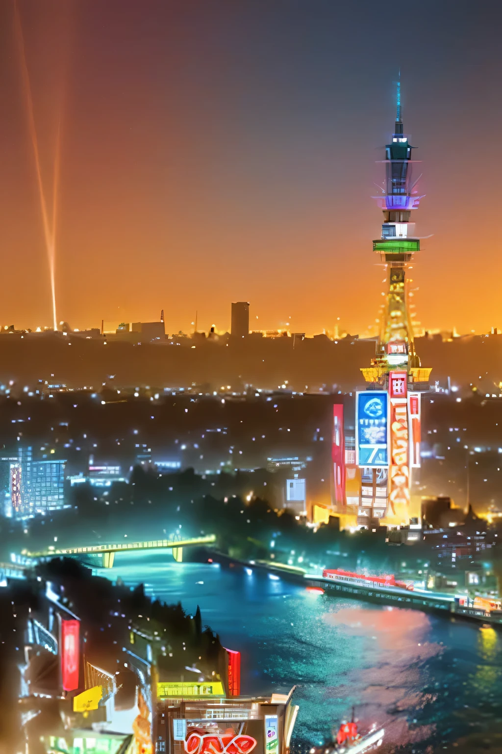 small airship flies,  beautiful night view, Japan Osaka,  Tsutenkaku Tower, symbol tower, 