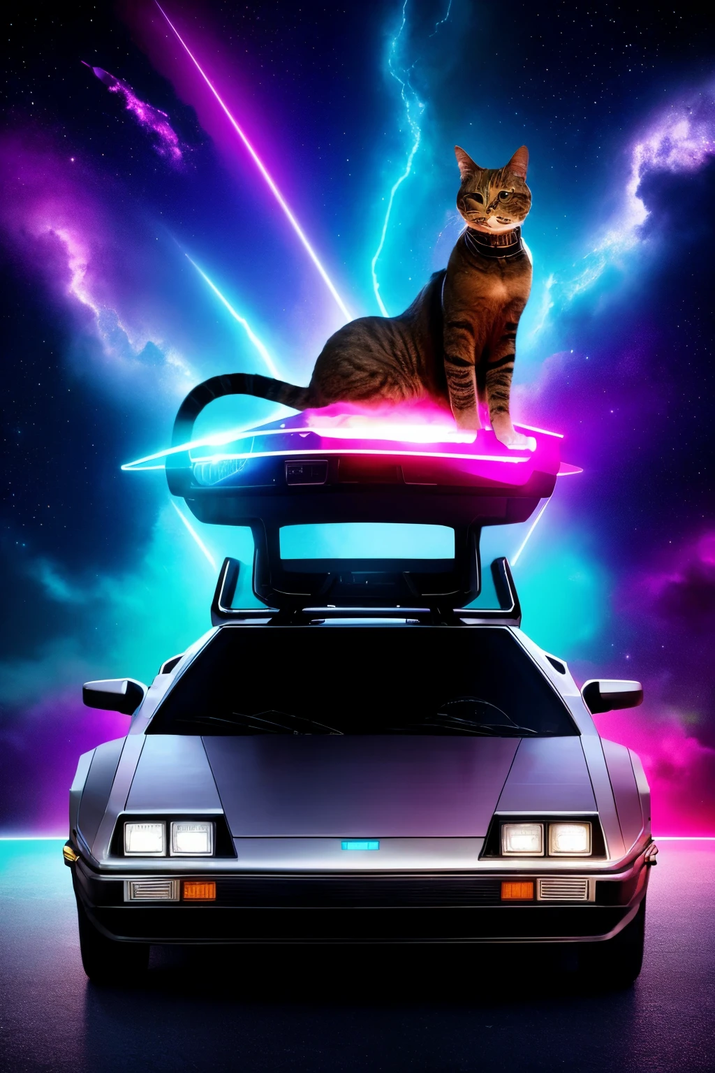 Professional quality Futuristic Synthwave Cat riding a delorean trough the space. Picture should be for an album cover 2000 x 2000 px