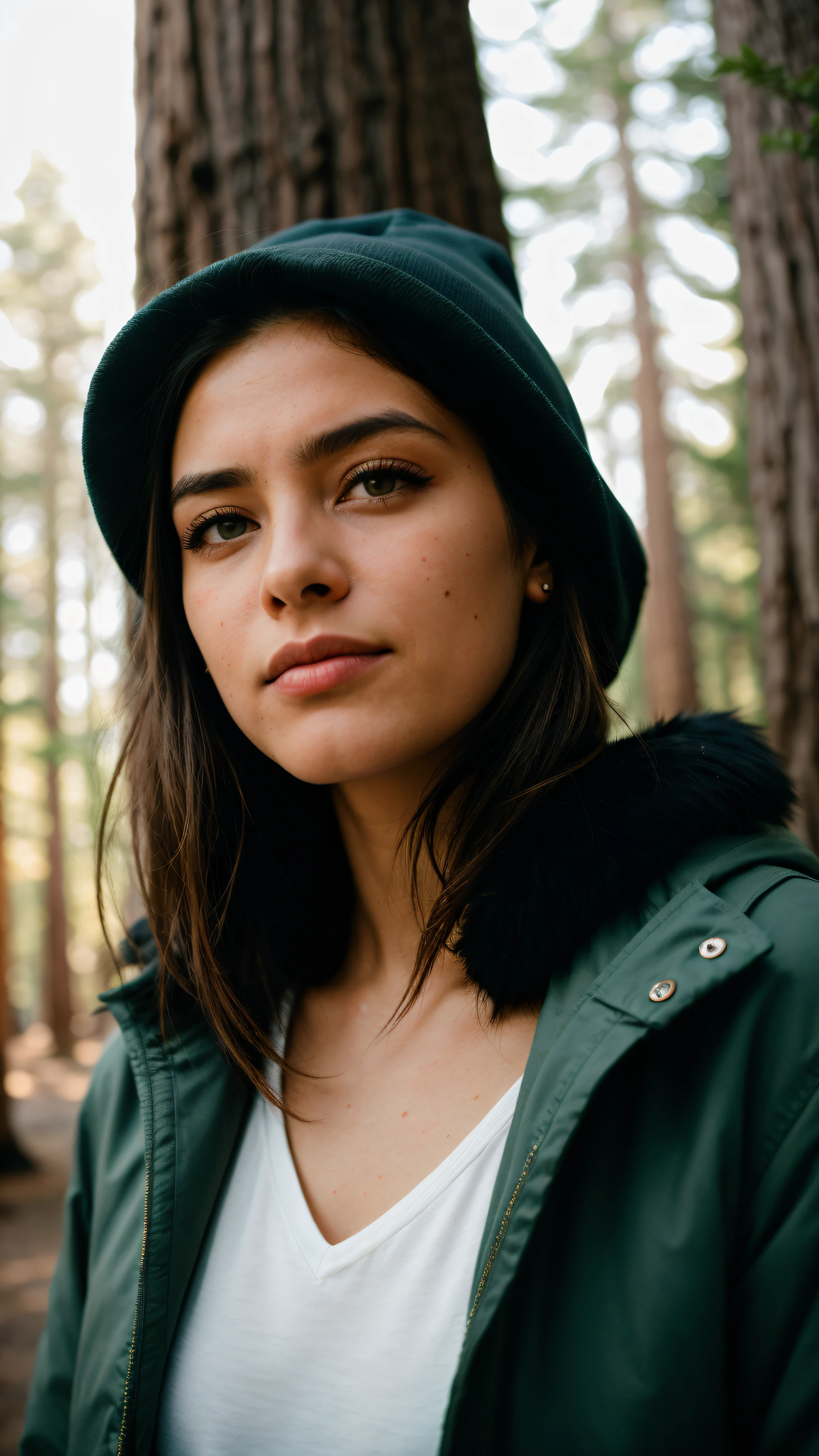 fotografia de uma mulher, (friendly facial expression), Pele Texturizada, arrepio, cabelo preto meio para cima meio para baixo, Faux fur-lined parka with skinny jeans and hat, perfil do grupo, towering ancient redwoods creating a sense of wonder and awe, Olhos perfeitos, ((strong lighting:1.4)), Velvia 100 cores, filmado em Cinestill 800T, bokeh, sharp focus on the subject, filmado por Manuela Marques