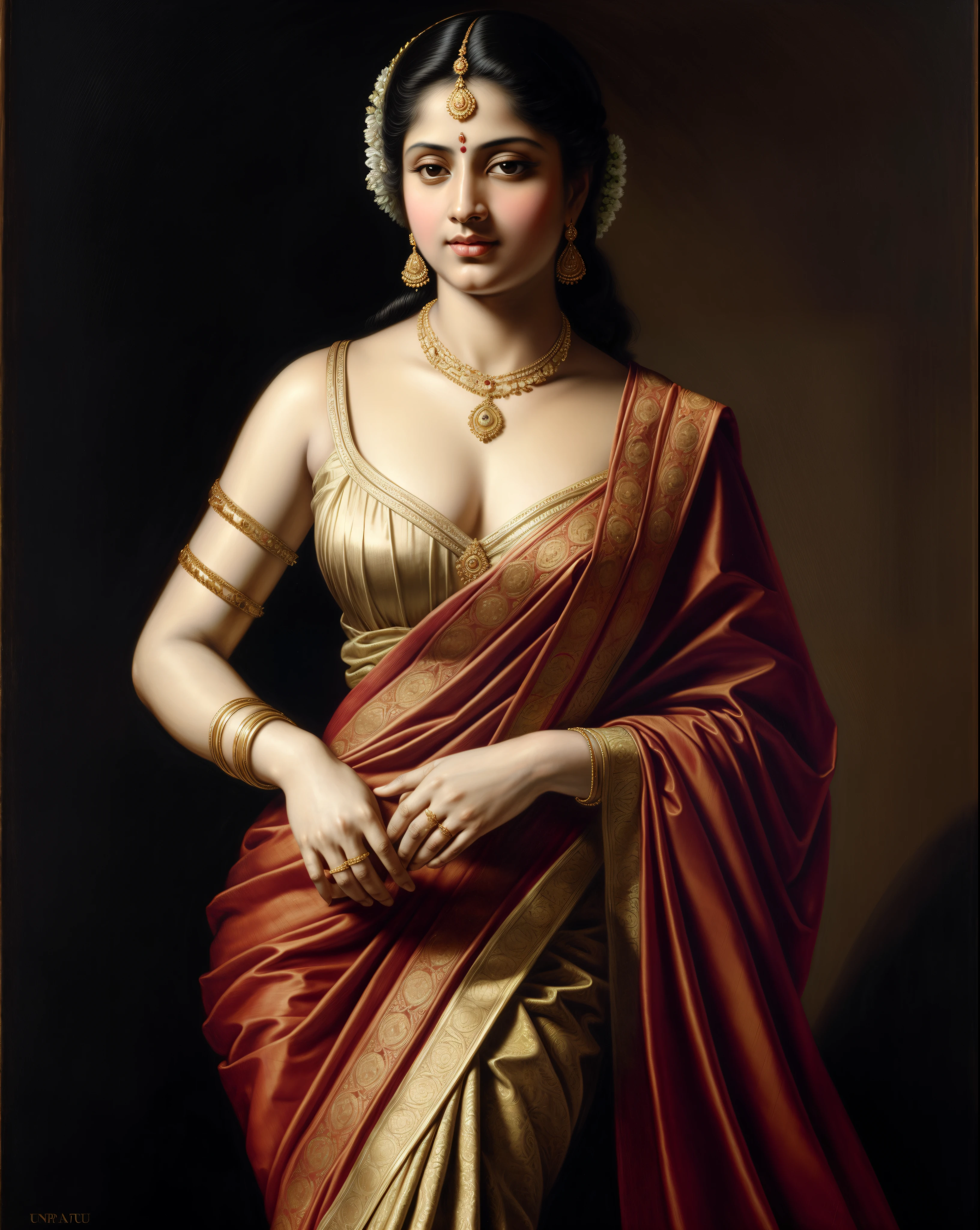 Beautiful Indian Woman, wearing saree, sari Beauty, gorgeous, Apsara, Maharani, royal queen woman, nymph from Hindu Mythology, Urvashi, matchless beauty, Highly detailed, Oil Painting by Peter Paul Rubens inspired by Raja Ravi Varma, Matchless beauty, captivating, gorgeous, heavenly beauty, celestial beauty, by Peter Paul Rubens, 1893, realistic, hyper realistic, micro details, incredible artwork, insane details, ultra High resolution, 8k, 32k,  acrylic on canvas, intricate, flawless, detailed, detailed face, detailed eyes, masterpiece, by Peter Paul Rubens, by Caravaggio, by William Adolphe bouguereau, perfect face, perfect body, beautiful art, realism, baroque, renaissance Art, highly textured, beautiful and detailed eyes, uhd, best quality,