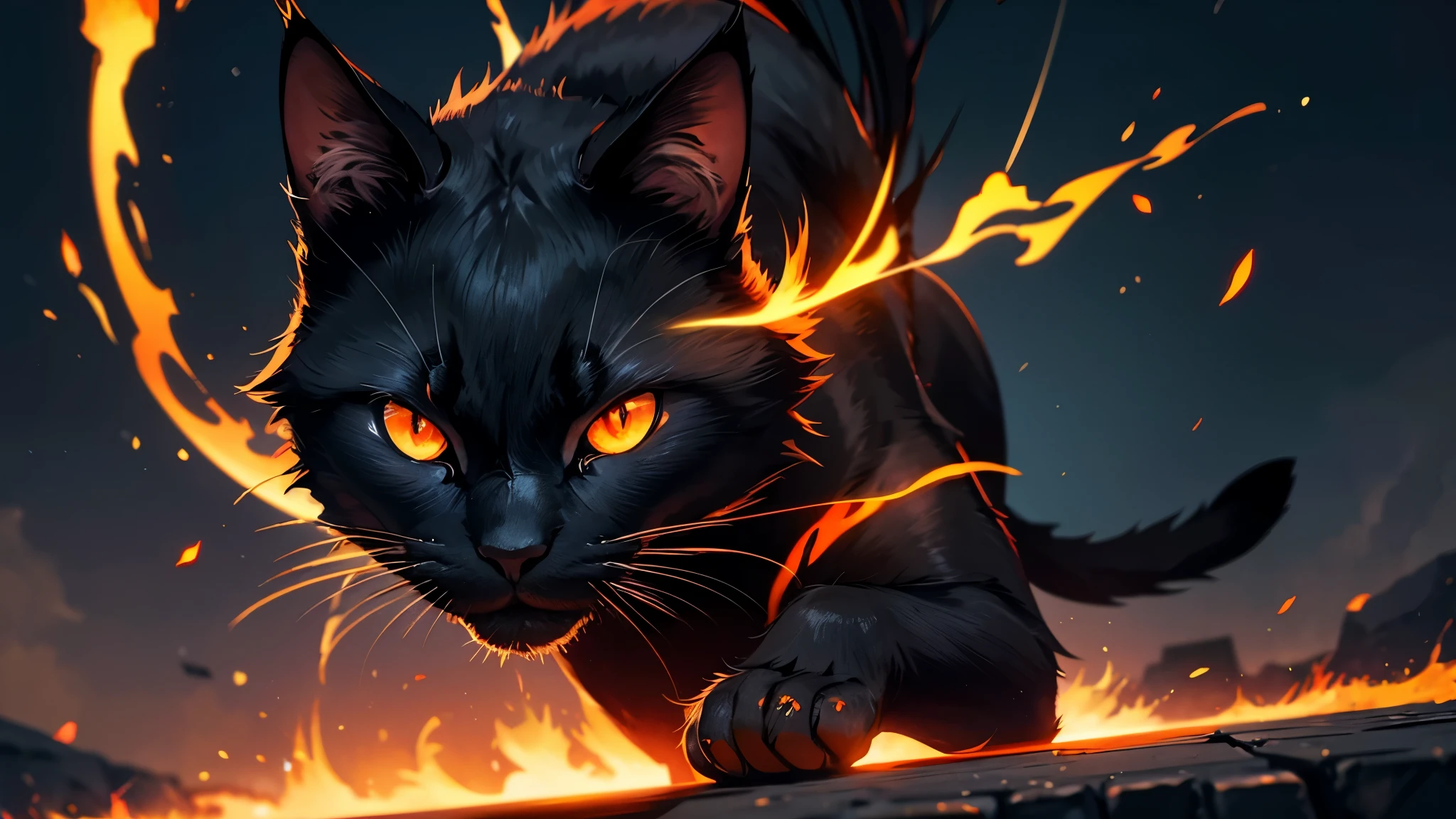 all-black samurai cat with magical orange eyes, full of light effects and lines, the front part is well framed in the camera, without cutting details, Japanese anime style, full 8k quality, 16:9 format, landscape