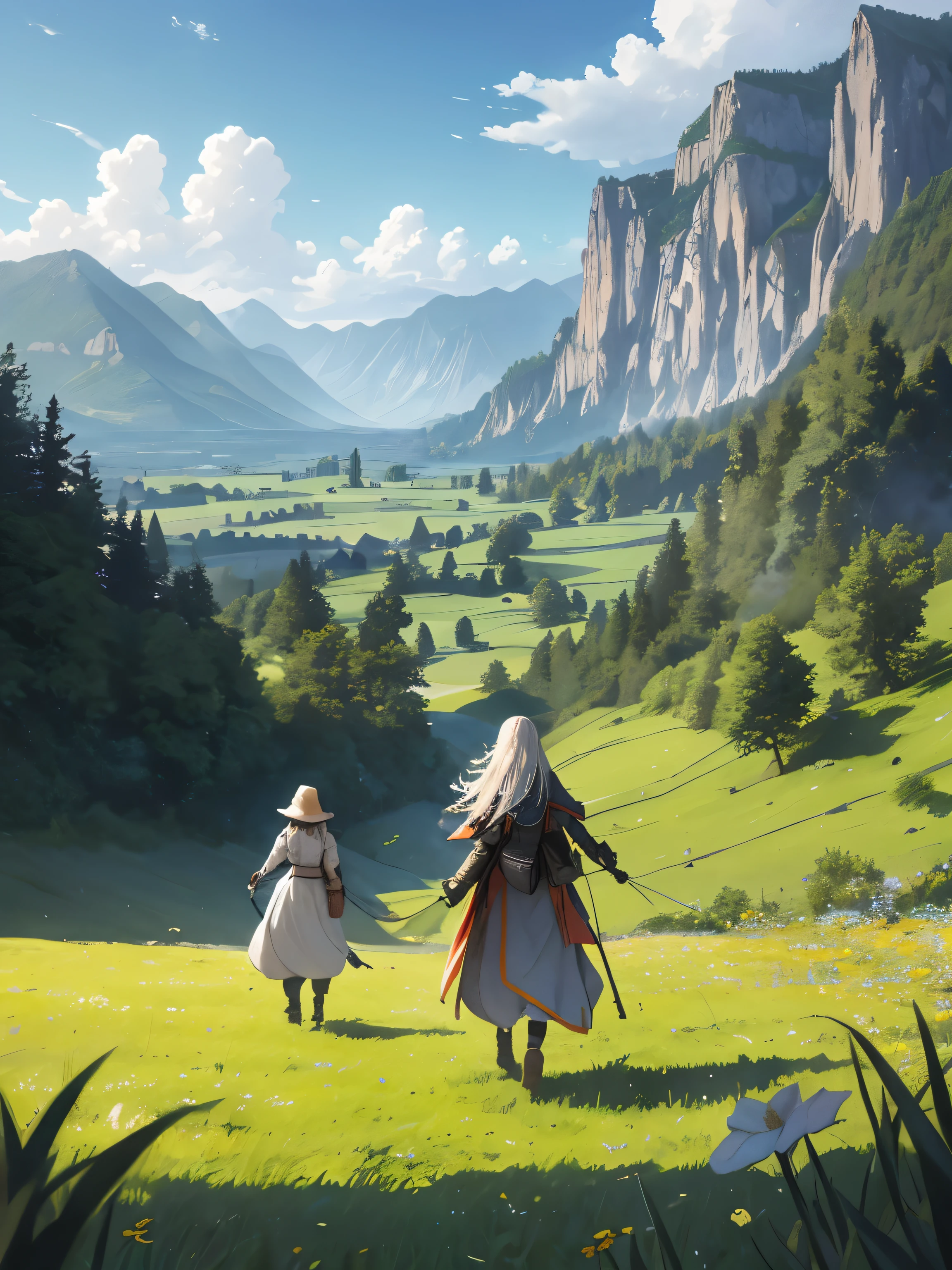 In a green meadow stands a girl leading a group of knights.
BREAK
With a brave expression, she guides them towards their destination.
BREAK
Behind her, a green forest stretches out and beyond that, mountains rise in the distance.
BREAK
The most suitable effect for this scene would be a watercolor painting technique to capture the softness of the meadow and the fluidity of the movement.