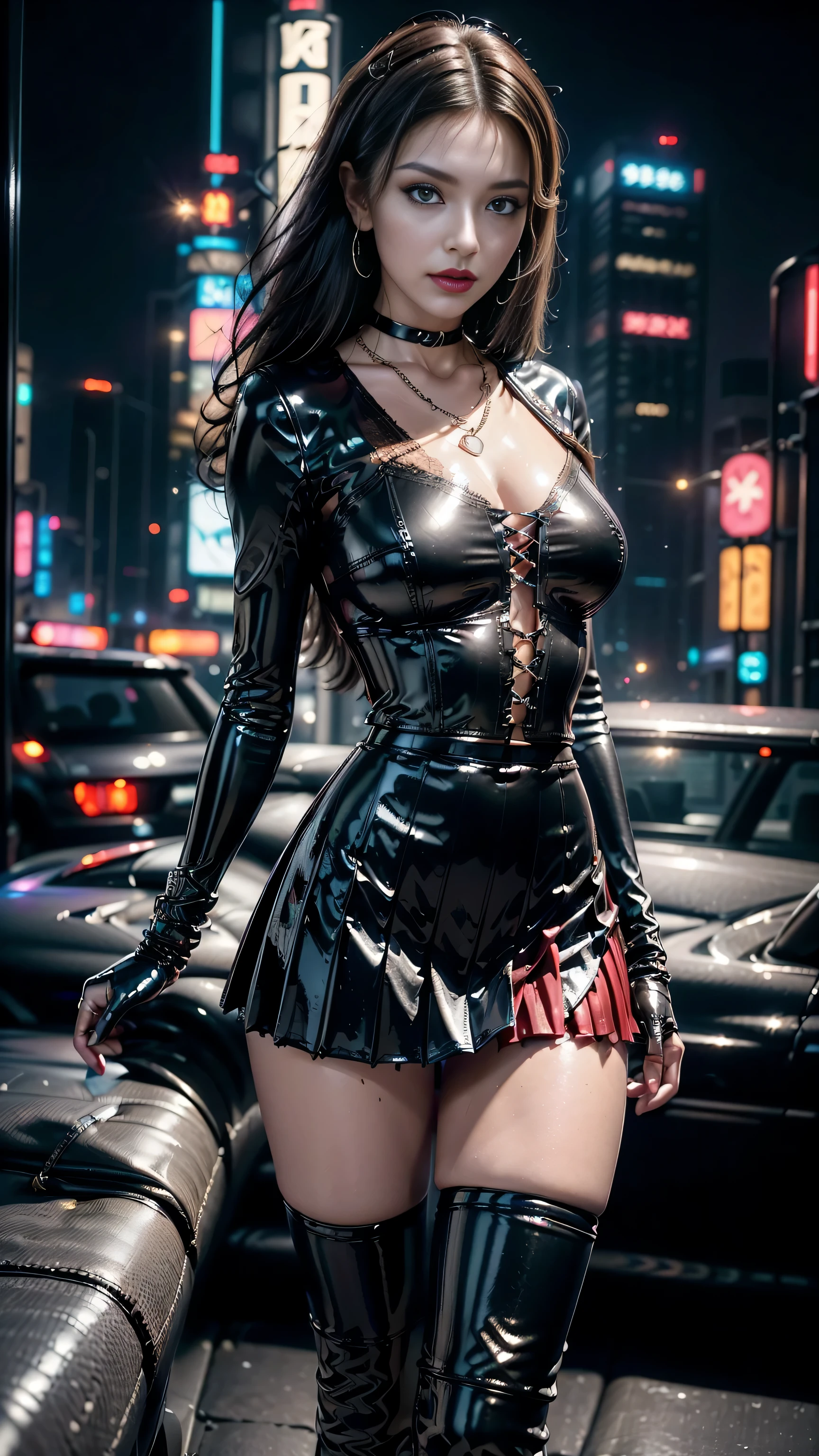 ((Ultra-realistic最high quality、 8K、 The ultra -The high-definition))、(photorealistic:1.66)、(Realistic:1.6)、 ((absurdres))、 Super beautiful、(Body, Fit Sexy Uniform)、(Luxurious shiny latex:1.4)、((Versace Leather bustier top:1.3))、((white, eye-catching latex lace-up over-the-knee boots:1.4)), (Underwear White Sexy Bikini Super Ultra Small), (luxury red latex:1.25)、((Red-black pleated mini skirt:1.4))、18 years old、((wearing white gloves))、cute girl、(sharp focus)、(perfect female body:1.4)、(Super beautiful body)、(beautiful detailed face:1.5)、(detailed eyes:1.45)、(detailed lips:1.35)、(Detailed nose:1.25)、(Increase quality:1.3), (best quality real texture skin:1.28), (finely detailed eyes), perfect proportions、(((shot to the knees:1)), Fearless look、narrow waist、((Beautiful girl with long legs and good style:1.4))、beautiful feet、(long hair:1.33)、((firm big full breasts:1.3))、((sexy butt))、(Standing facing the front:1.4)、dark shot:1.08、((brown_eyes:1.3))、((black_eyeshadows:1.35))、 (red_lipstick:1.35)、((perfect round eyes))、(matte skin:1.42)、(chain choker:1.3)、((cros necklace:1.4))、earrings:1.4、1 screen display、(Beautiful night view of Cyberpunk City:1.28), UHD
