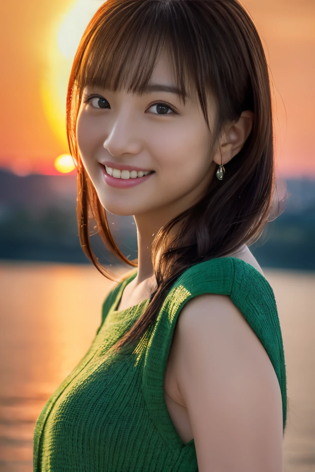 1 girl, (green spring outfit:1.2), very beautiful japanese actress,
(RAW photo, highest quality), (realistic, Photoreal:1.4), table top, 
very delicate and beautiful, very detailed, 2k wallpaper, wonderful, 
finely, very detailed CG Unity 8K 壁紙, super detailed, High resolution, soft light, 
beautiful detailed girl, very detailed目と顔, beautifully detailed nose, detailed and beautiful eyes, cinematic lighting, 
Distant view of Biru County, (sunset on the horizon:1.4), 
bright red sunset, Sunset reflected on the water surface,
complete anatomy, slender body, small, smile,
pan focus