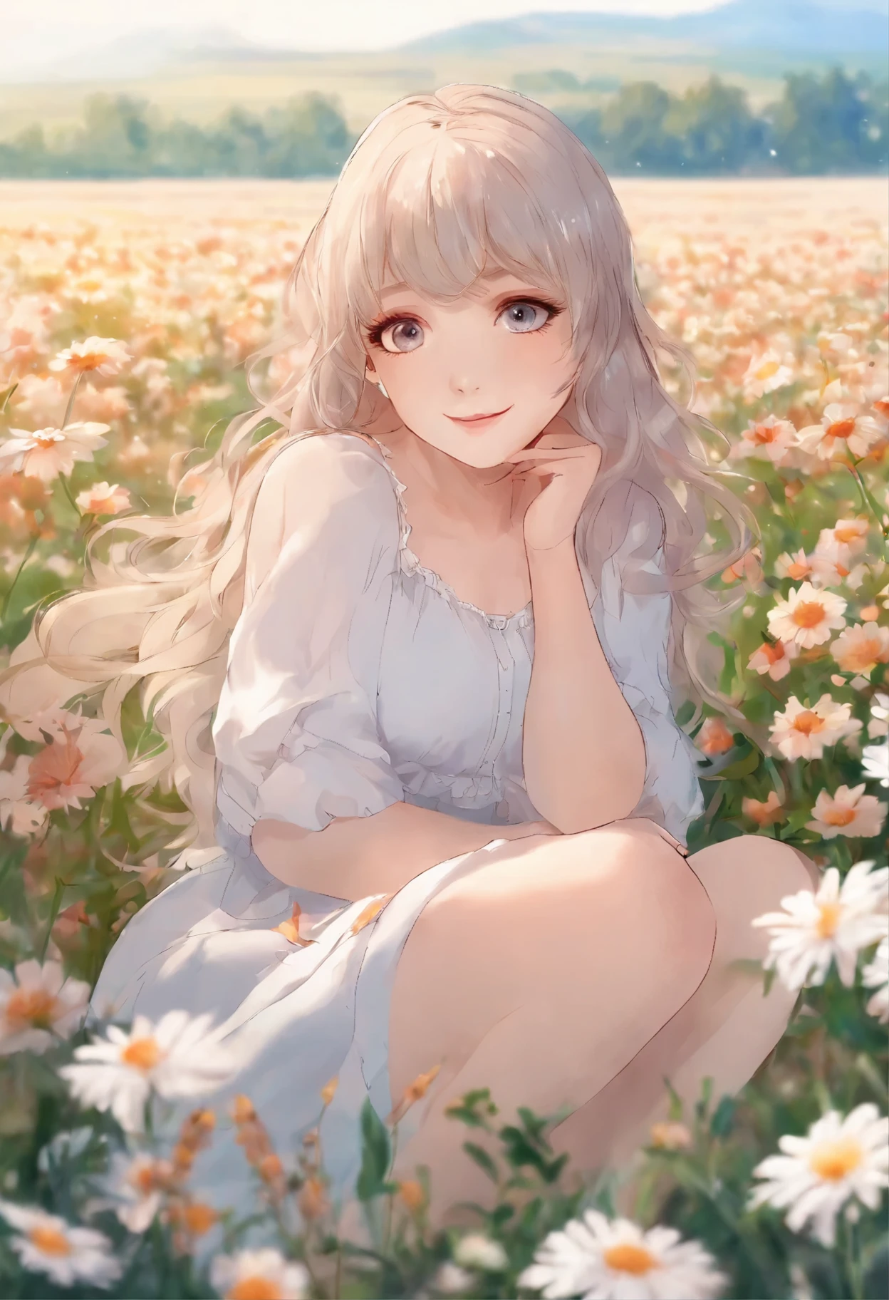 18s anime style anime girl sitting in a field of flowers and looking at camera, sonriente. color pastel