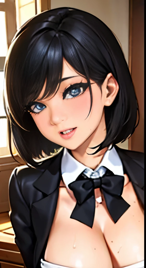 secretary、huge tit、shortcut 、makeup、((sexy secretary)),((sweat,steam))、In front of the door、Bedroom entrance、Tongue licking、Detailed people、A detailed face、A detailed eye、Detailed background