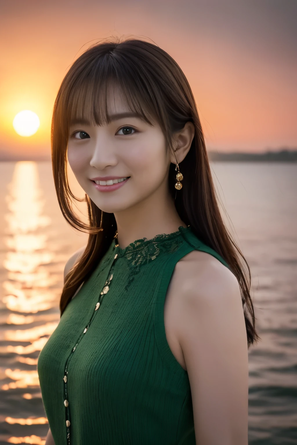 1 girl, (green spring outfit:1.2), very beautiful japanese actress,
(RAW photo, highest quality), (realistic, Photoreal:1.4), table top, 
very delicate and beautiful, very detailed, 2k wallpaper, wonderful, 
finely, very detailed CG Unity 8K 壁紙, super detailed, High resolution, soft light, 
beautiful detailed girl, very detailed目と顔, beautifully detailed nose, detailed and beautiful eyes, cinematic lighting, 
Distant view of Biru County, (sunset on the horizon:1.4), 
bright red sunset, Sunset reflected on the water surface,
complete anatomy, slender body, small, smile,
pan focus