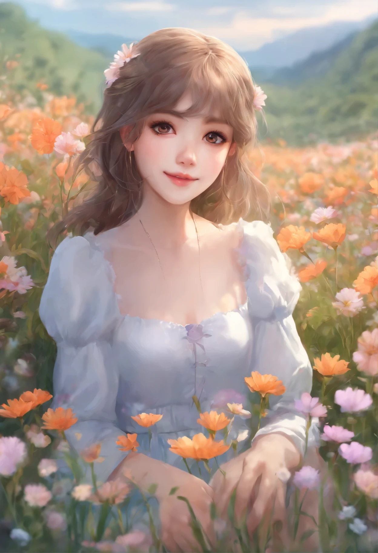 18s anime style anime girl sitting in a field of flowers and looking at camera, sonriente. color pastel