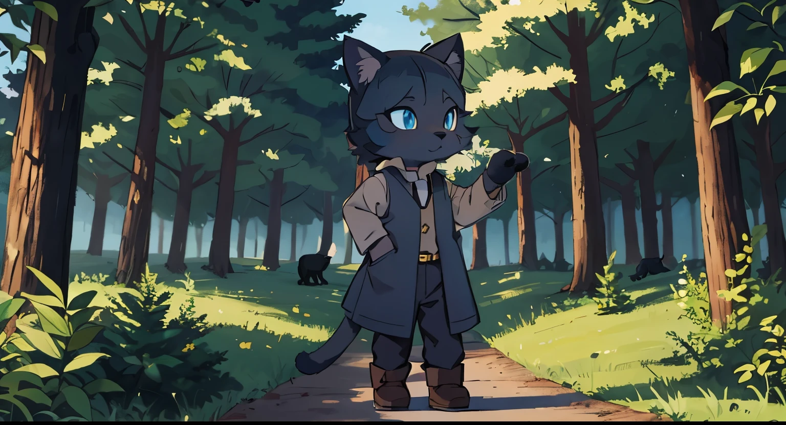 Black cat, Furry, black wool, cat tail, beige shirt, blue vest, black trousers, Brown boots, Forest background