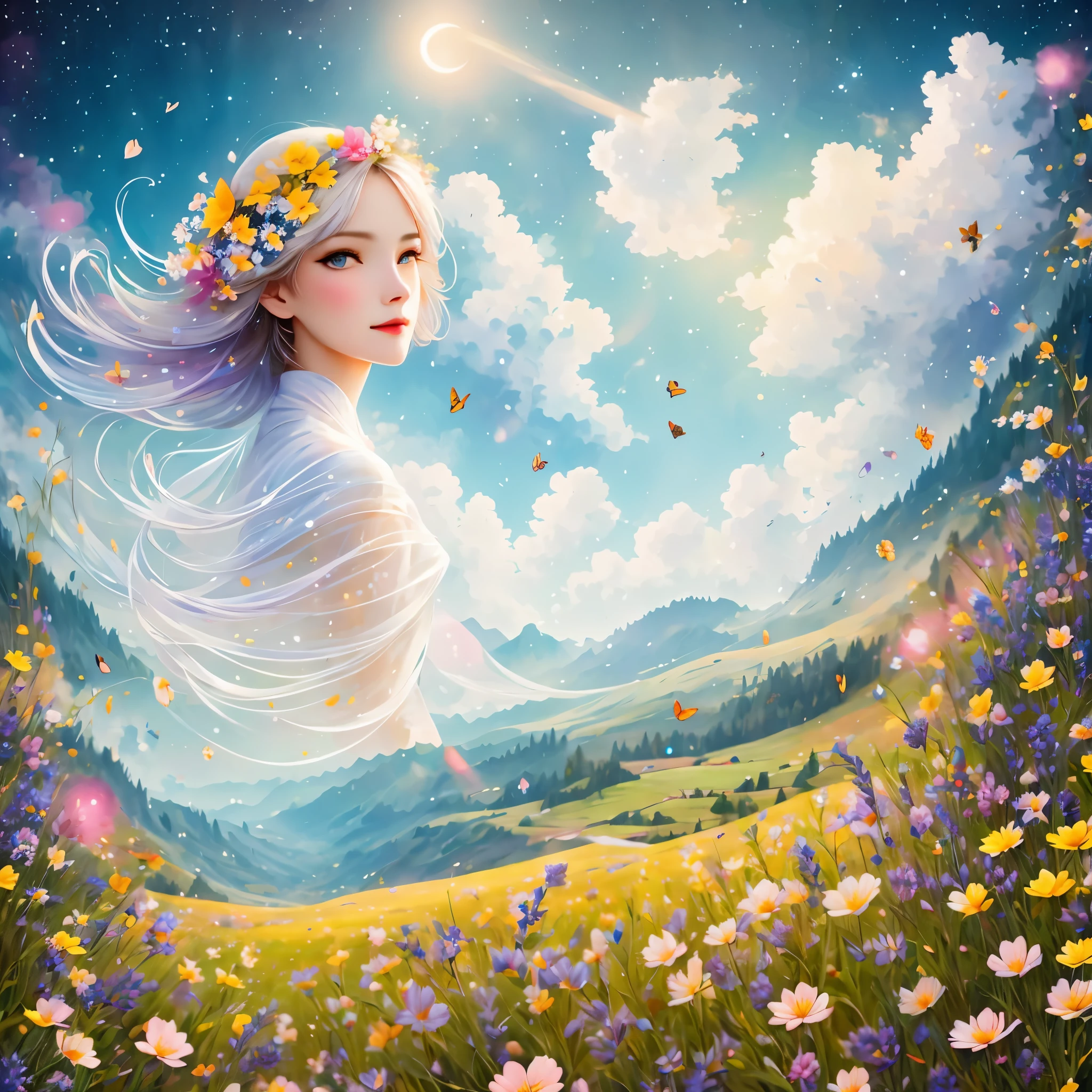 masterpiece, best quality, 1 girl, (rich and colorful),(Delicate and beautiful eyes and delicate face),cinematic Lighting,Half-length photo,Extremely detailed CG unified 8k wallpaper,white hair,alone,Smile,intricate skirt,((flying petals)),(meadow with flowers) Sky, cloudy_Sky, building, moonLight, moon, night, (dark theme:1.3), Light, fantasy,