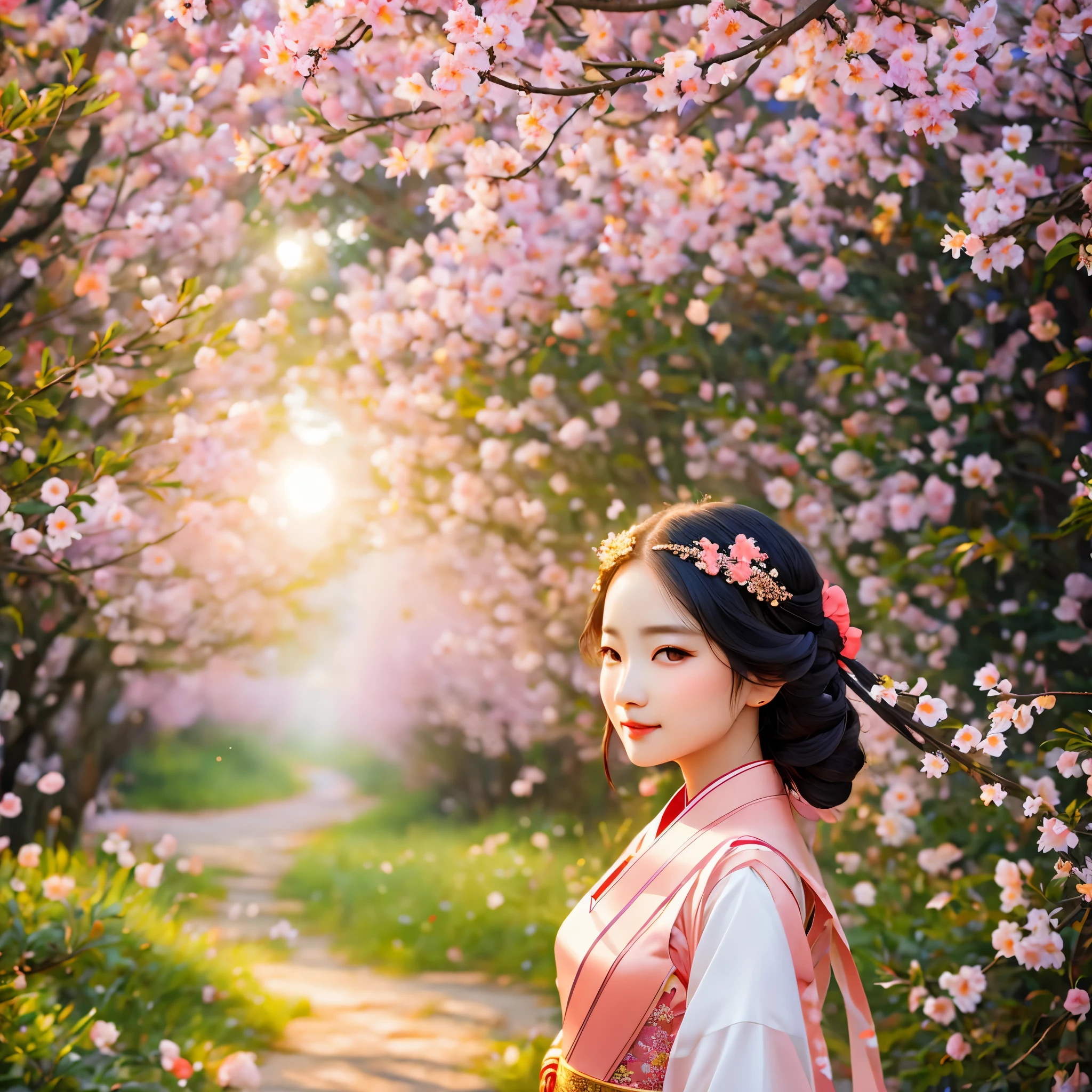 Excellent quality, masterpiece, High Resolutiexist, 1 girl, blush, (charming smile: 0.8), star eyes, Chinese Hanfu, hair accessories, jewelry, beauty, exist_Body, Tyndall effect, actual, peach blossom forest, light edge, Two-texiste Lighting, (High detail skin: 1.2), 8k UHD, SLR camera, soft light, high quality, Volumetric lighting, By, photo, High Resolutiexist, 4k, 8k, Blurred background