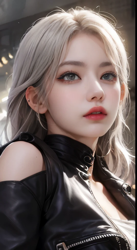 Sexy beauty，Gray hair，cropped shoulders， Burgundy，CE leather jacket，highly detailedskin，Realistic details of skin，Visible pores，Clear focus，volume fog，8k uhd，digital SLR camera，high qulity，filmgrain，White skin of the，photo-realism，lomography，A huge metropolis of the dystopia of the future， semi transparent