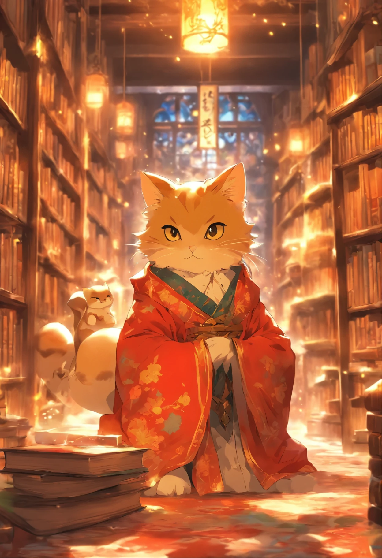 Gato, coelho, 2d estilo anime, sentado olhando para frente, com roupas de sabio chines. With a magical library in the background