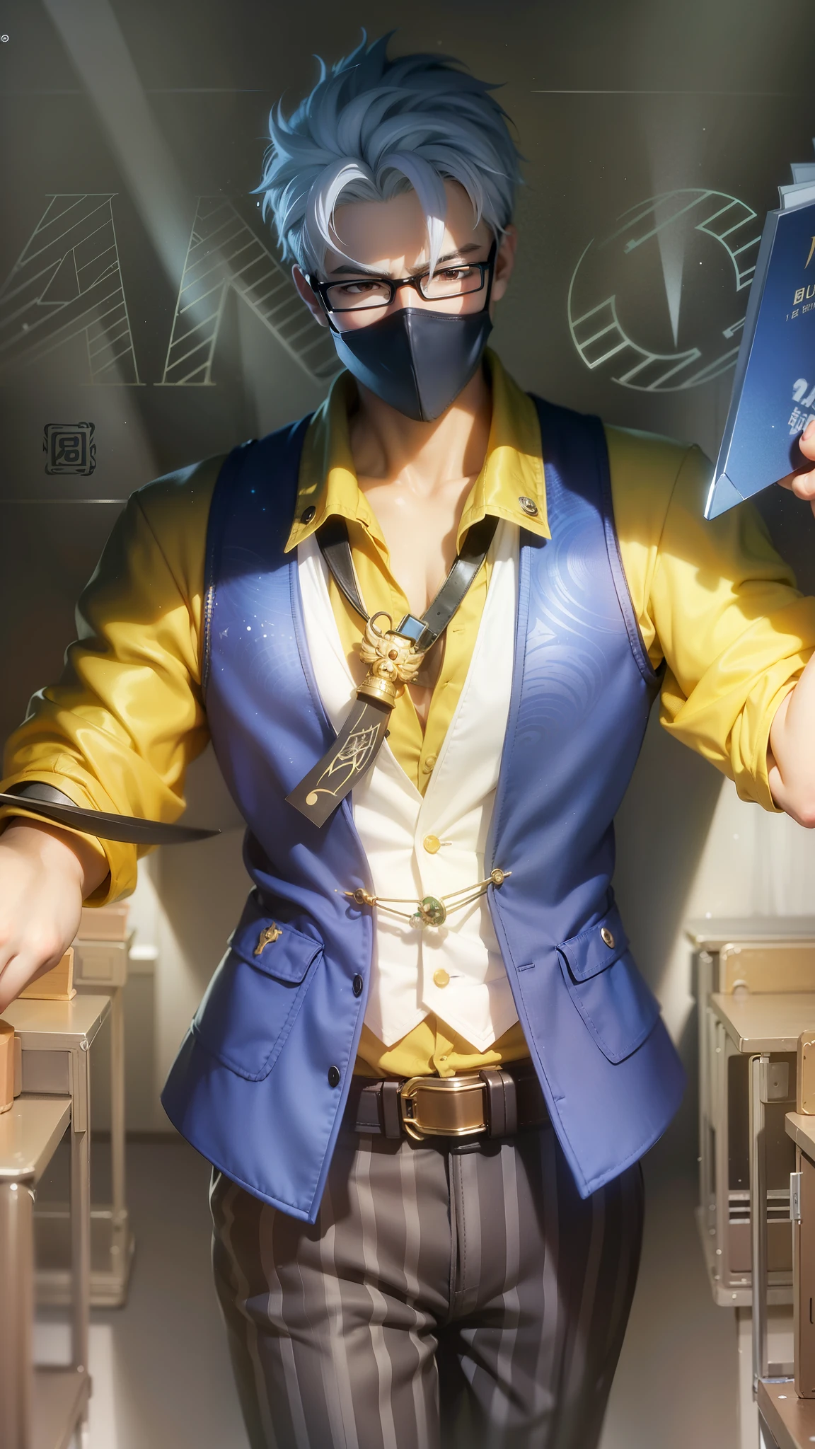 anime character with a mask and glasses holding a book, inspired by Cao Buxing, range murata and artgerm, style ivan talavera and artgerm, style of artgerm, sakimichan frank franzzeta, artgerm. high detail, character splash art, inspired by Huang Shen, artgerm. anime illustration
