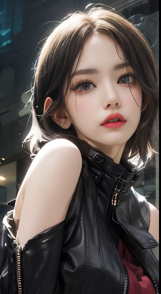 Sexy beauty，Gray hair，cropped shoulders， Burgundy，CE leather jacket，highly detailedskin，Realistic details of skin，Visible pores，Clear focus，volume fog，8k uhd，digital SLR camera，high qulity，filmgrain，White skin of the，photo-realism，lomography，A huge metropolis of the dystopia of the future， semi transparent