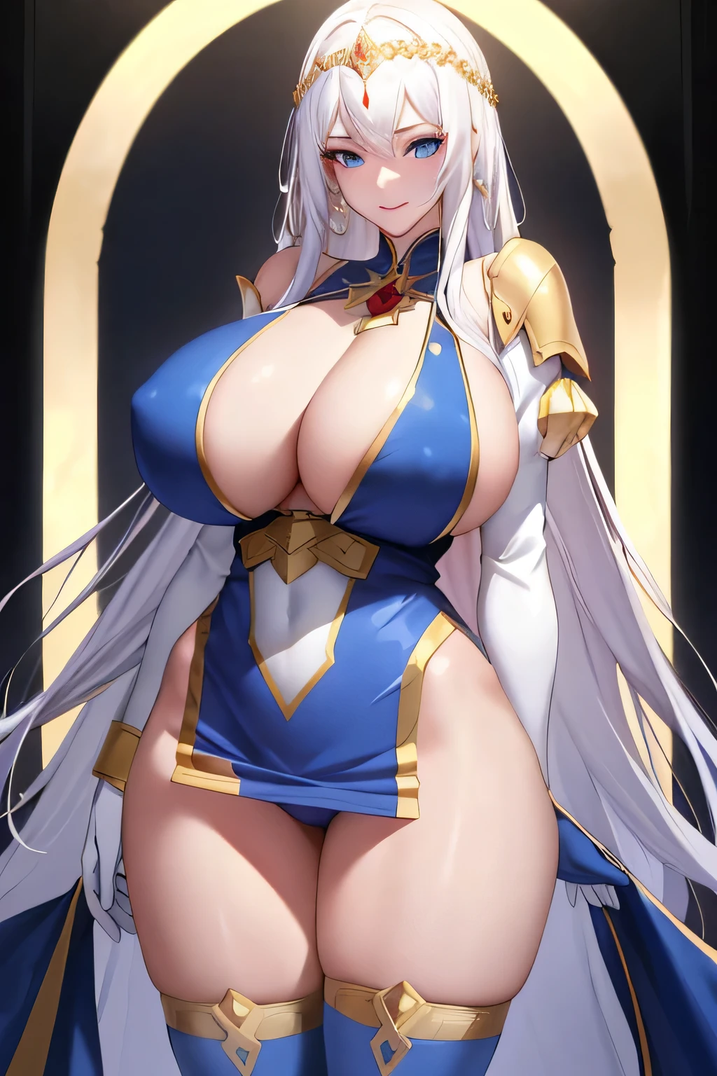 Lian, long white hair, single hair bun, hair stick,bangs,blue eyes, solo, smiling, standing, upper body, hips, bare shoulders,purple thighhighs,red dress, gold jewelry,armor,gloves,circlet, cleavage, red and gold royal castle, gigantic breasts, (best quality, masterpiece, beautiful and aesthetic:1.2, highest detailed face, perfect face,)  eyes, perfect face,expressive eyes,
looking at viewer, in the center of the image,(Upper_body),(Focus on her face),
official art,extremely detailed CG unity 8k wallpaper, perfect lighting,Colorful, Bright_Front_face_Lighting,shiny skin, 
(masterpiece:1.0),(best_quality:1.0), ultra high res,4K,ultra-detailed
