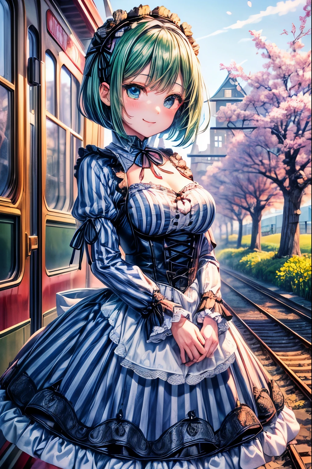 (32k), Highest image quality, Highest image quality, (figure:1.0), 1 girl, big breasts, (Blue and white stripesのテーマ), (((Blue and white stripes, Gothic Lolita:1.5))), ((Blue and white stripesのウエイトレス:1.4)), (dark pupil:1.4), Shining in black eyes, ((short bob cut, Green Hair:1.3)), lovely blue eyes, (best smile:1.2), (perfect hands:1.4), ((Cherry treeの詳細な背景:1.5)), (rape blossoms:1.3), ((Cherry tree:1.5)), whole body, (Scenery with red train running:1.4), highest quality,Super detailed, masterpiece,