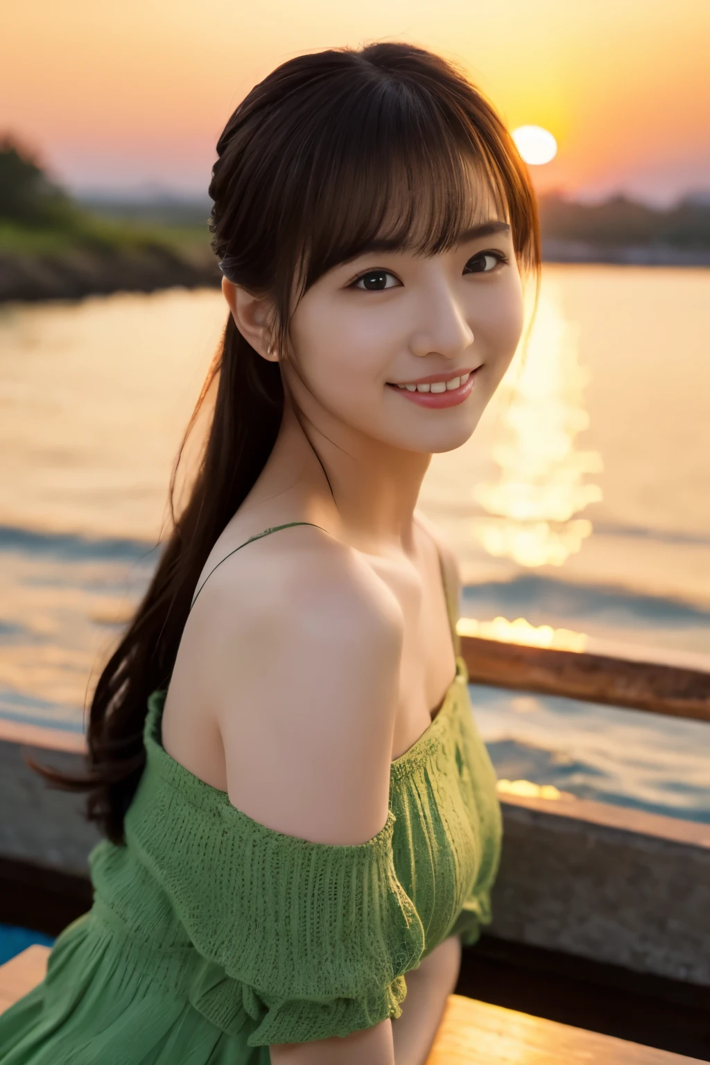 1 girl, (green spring outfit:1.2), very beautiful japanese actress,
(RAW photo, highest quality), (realistic, Photoreal:1.4), table top, 
very delicate and beautiful, very detailed, 2k wallpaper, wonderful, 
finely, very detailed CG Unity 8K 壁紙, super detailed, High resolution, soft light, 
beautiful detailed girl, very detailed目と顔, beautifully detailed nose, detailed and beautiful eyes, cinematic lighting, 
 (sunset on the horizon:1.4), 
Waterside view, bright red sunset, Sunset reflected on the water surface,
complete anatomy, slender body, small, smile,
pan focus