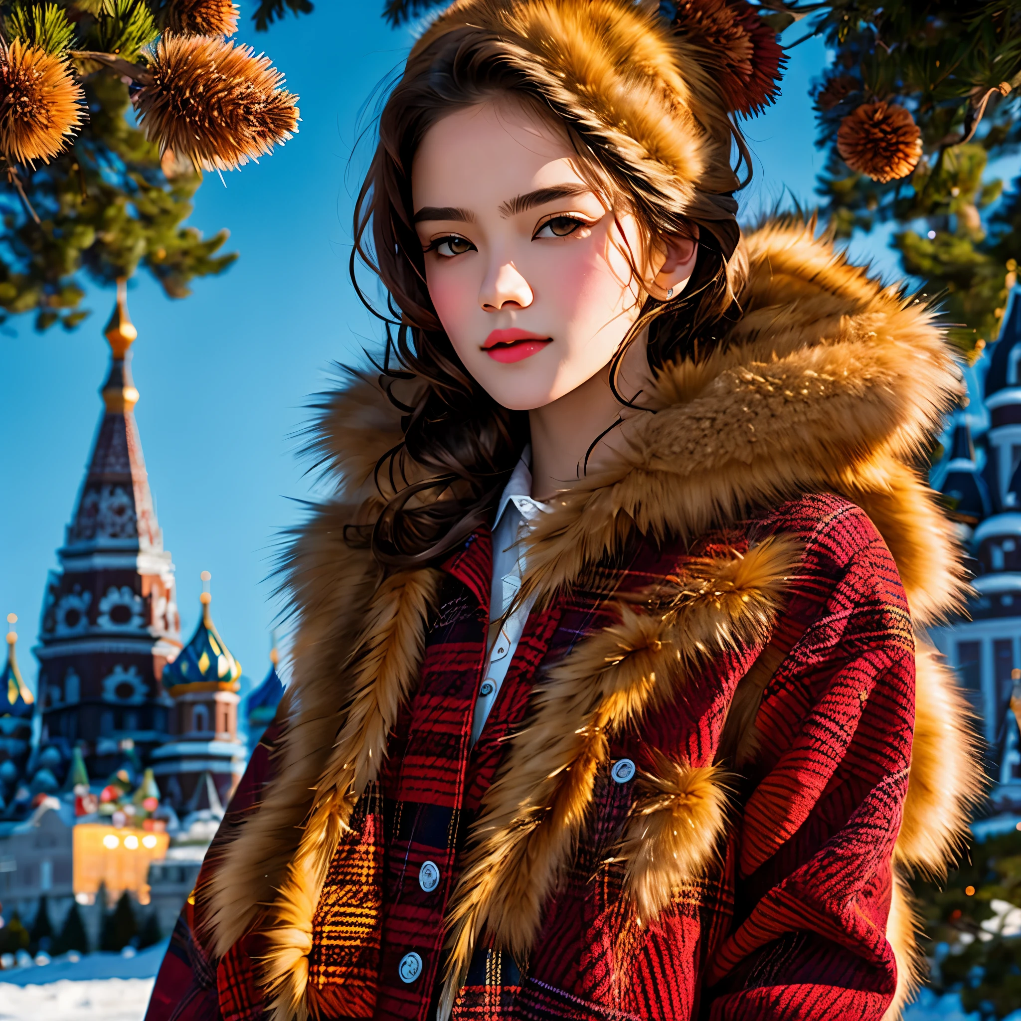 1 girl, plaid shirt, fur coat, Kremlin background, outdoor, honeycomb,best quality, ultra high resolution, lifelike,