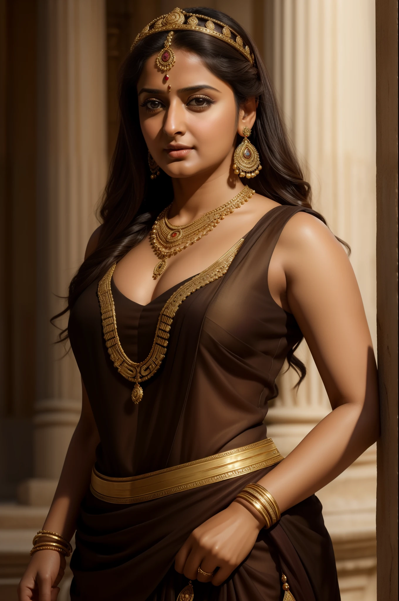 Looks like Anushka Shetty, (piece of master), (best quality), cinemactic, photorealism, rendered, Realistic, ultra detailed, perfect face, portrait frame, chest up, Greek princess, 30 year old woman, ancient princess, brown eyes, detailed dress, necklaces , accessories, earrings, a beautiful ancient princess, dark hair, front, beautiful, big breasts, big thighs, curvy ass