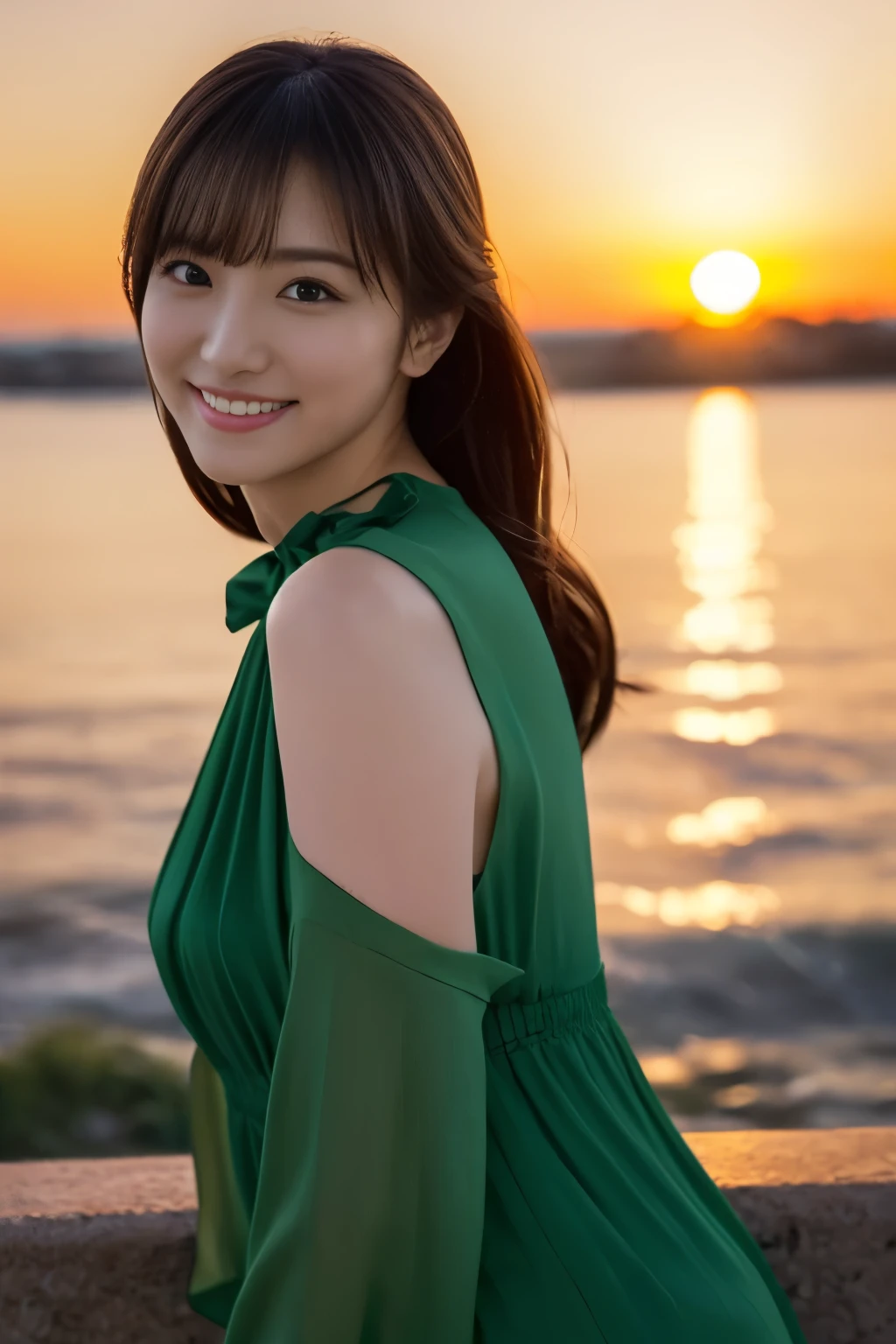 1 girl, (green spring outfit:1.2), very beautiful japanese actress,
(RAW photo, highest quality), (realistic, Photoreal:1.4), table top, 
very delicate and beautiful, very detailed, 2k wallpaper, wonderful, 
finely, very detailed CG Unity 8K 壁紙, super detailed, High resolution, soft light, 
beautiful detailed girl, very detailed目と顔, beautifully detailed nose, detailed and beautiful eyes, cinematic lighting, 
 (sunset on the horizon:1.4), 
Waterside view, bright red sunset, Sunset reflected on the water surface,
complete anatomy, slender body, small, smile,
pan focus