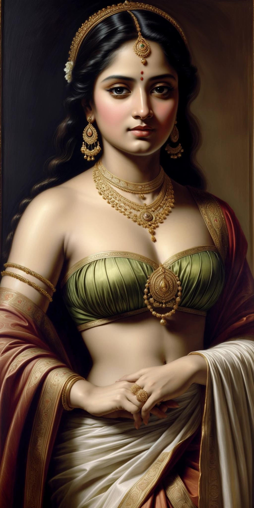 Beautiful Indian Woman, wearing saree, sari Beauty, gorgeous, Apsara, Maharani, royal queen woman, nymph from Hindu Mythology, Urvashi, matchless beauty, Highly detailed, Oil Painting by Peter Paul Rubens inspired by Raja Ravi Varma, Matchless beauty, captivating, gorgeous, heavenly beauty, celestial beauty, by Peter Paul Rubens, 1893, realistic, hyper realistic, micro details, incredible artwork, insane details, ultra High resolution, 8k, 32k, acrylic on canvas, intricate, flawless, detailed, detailed face, detailed eyes, masterpiece, by Peter Paul Rubens, by Caravaggio, by William Adolphe bouguereau, perfect face, perfect body, beautiful art, realism, baroque, renaissance Art, highly textured, beautiful and detailed eyes, uhd, best quality,