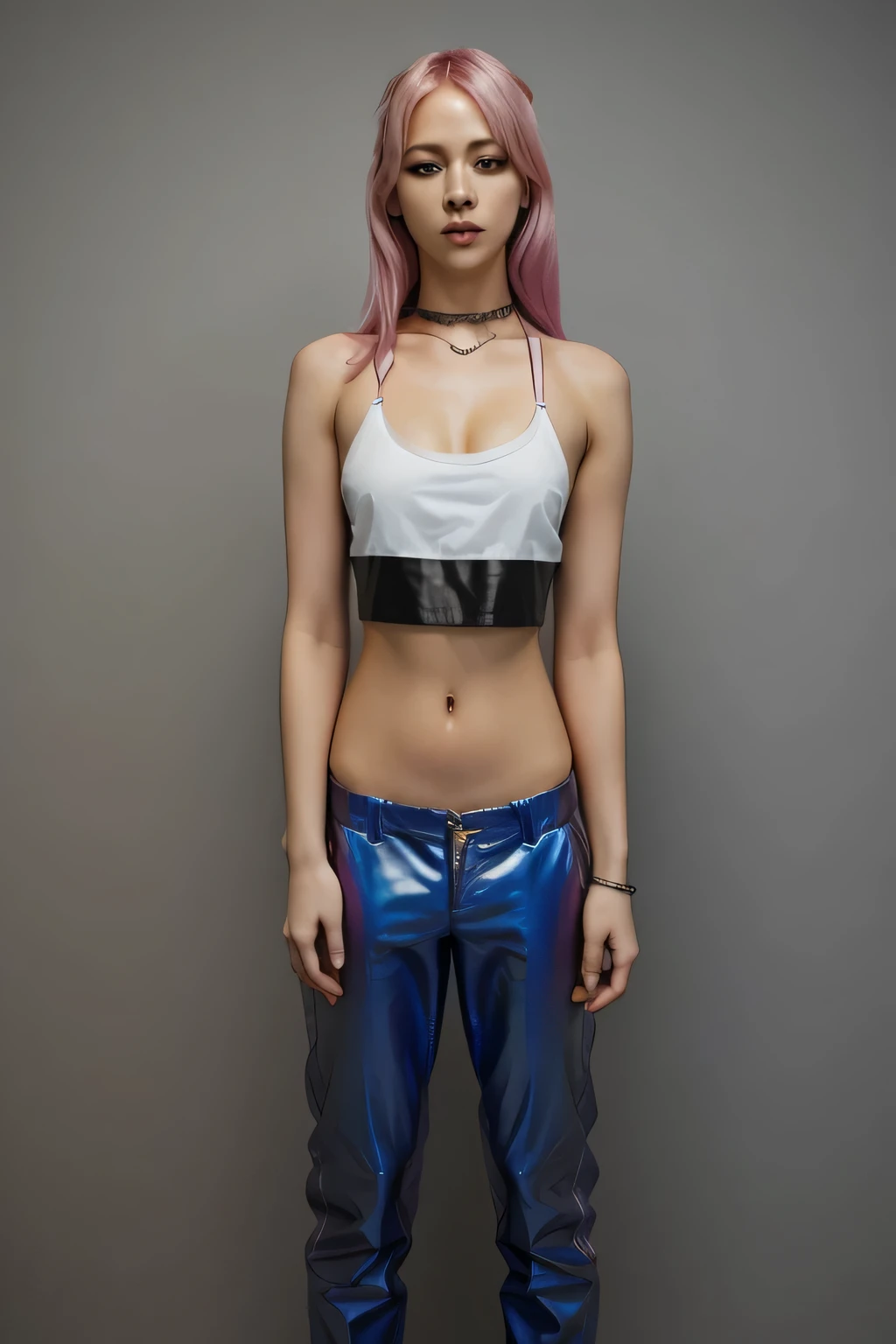 ((masterpiece, best quality)), woman wrestler with pink hair and blue shiny baggy pants with metal chain on them posing for a picture, white cloth cutoff shirt with black leather bra, plastic purple bracelet silver necklace metal ,beautiful face with red lipstick and dark eyes makeup, tinyest midriff ever, full body female, photo realistic, intricate details