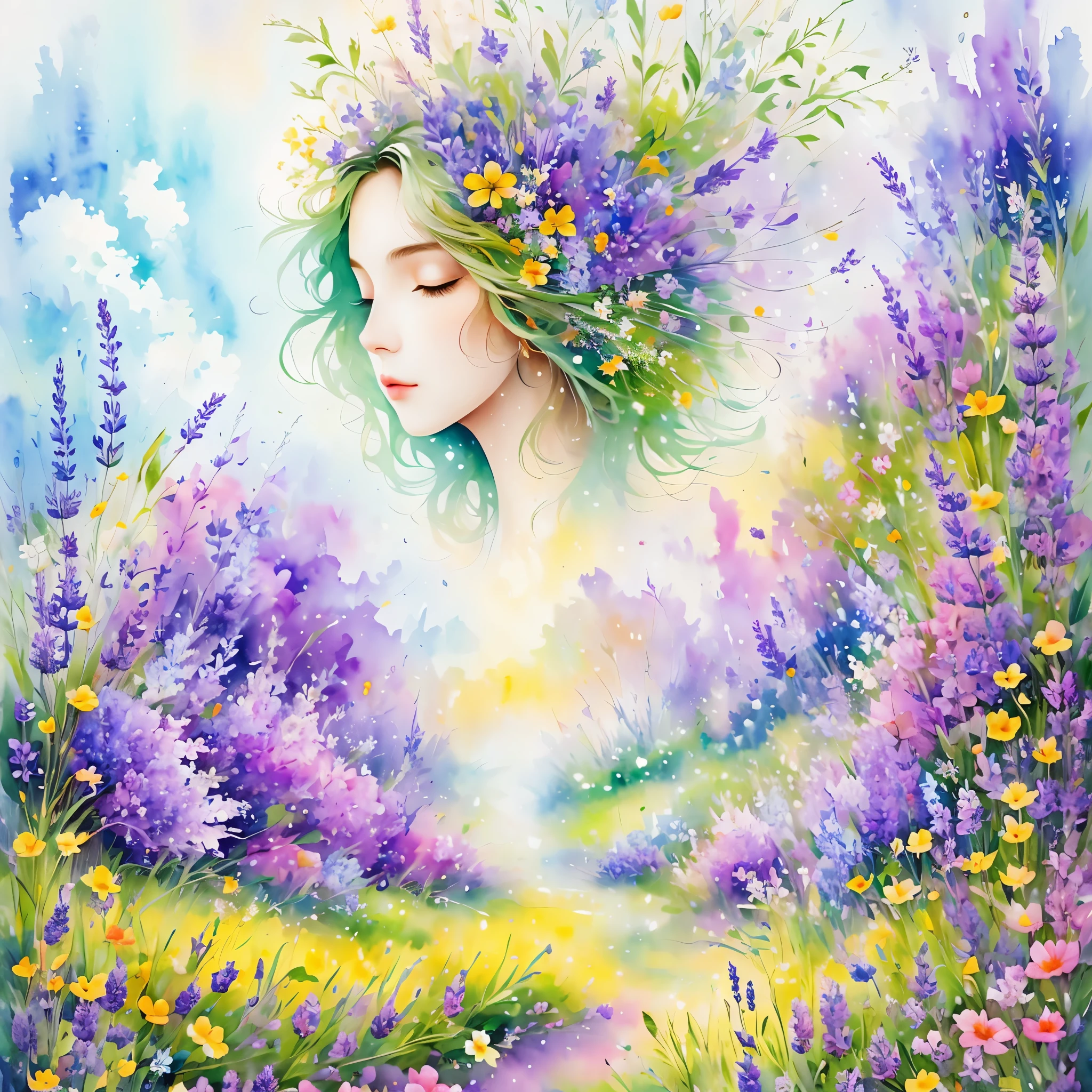 (masterpiece, best quality:1.2), Watercolor flower paintings present a delicate and refreshing visual effect. Wildflowers and lavender fields，The perfect combination of nature and romance. The screen is dominated by a white background, Highlight isolated watercolor flower. Splash technology recreates humid environments, Create a vague and dreamy atmosphere. The unique composition and abstract expression add an artistic touch to the picture, Contains elements of surrealism. The overall color tone is mainly light colors, Light purple and green complement each other, Show high-resolution details. The splash effect adds a sense of agility to the image, The light colors give the flowers a deep and restrained beauty.