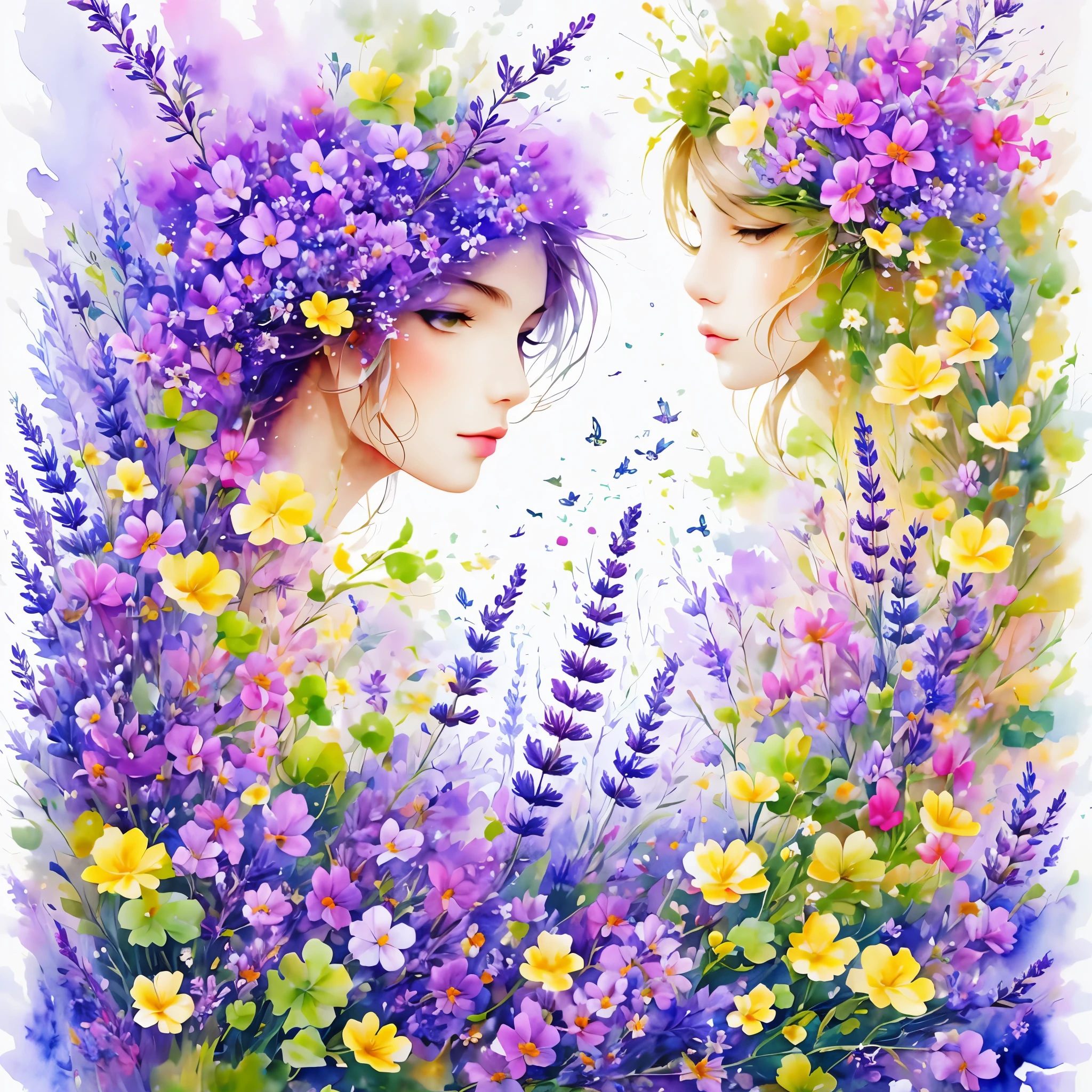 (masterpiece, best quality:1.2), Watercolor flower paintings present a delicate and refreshing visual effect. Wildflowers and lavender fields,The perfect combination of nature and romance. The screen is dominated by a white background, Highlight isolated watercolor flower. Splash technology recreates humid environments, Create a vague and dreamy atmosphere. The unique composition and abstract expression add an artistic touch to the picture, Contains elements of surrealism. The overall color tone is mainly light colors, Light purple and green complement each other, Show high-resolution details. The splash effect adds a sense of agility to the image, The light colors give the flowers a deep and restrained beauty.