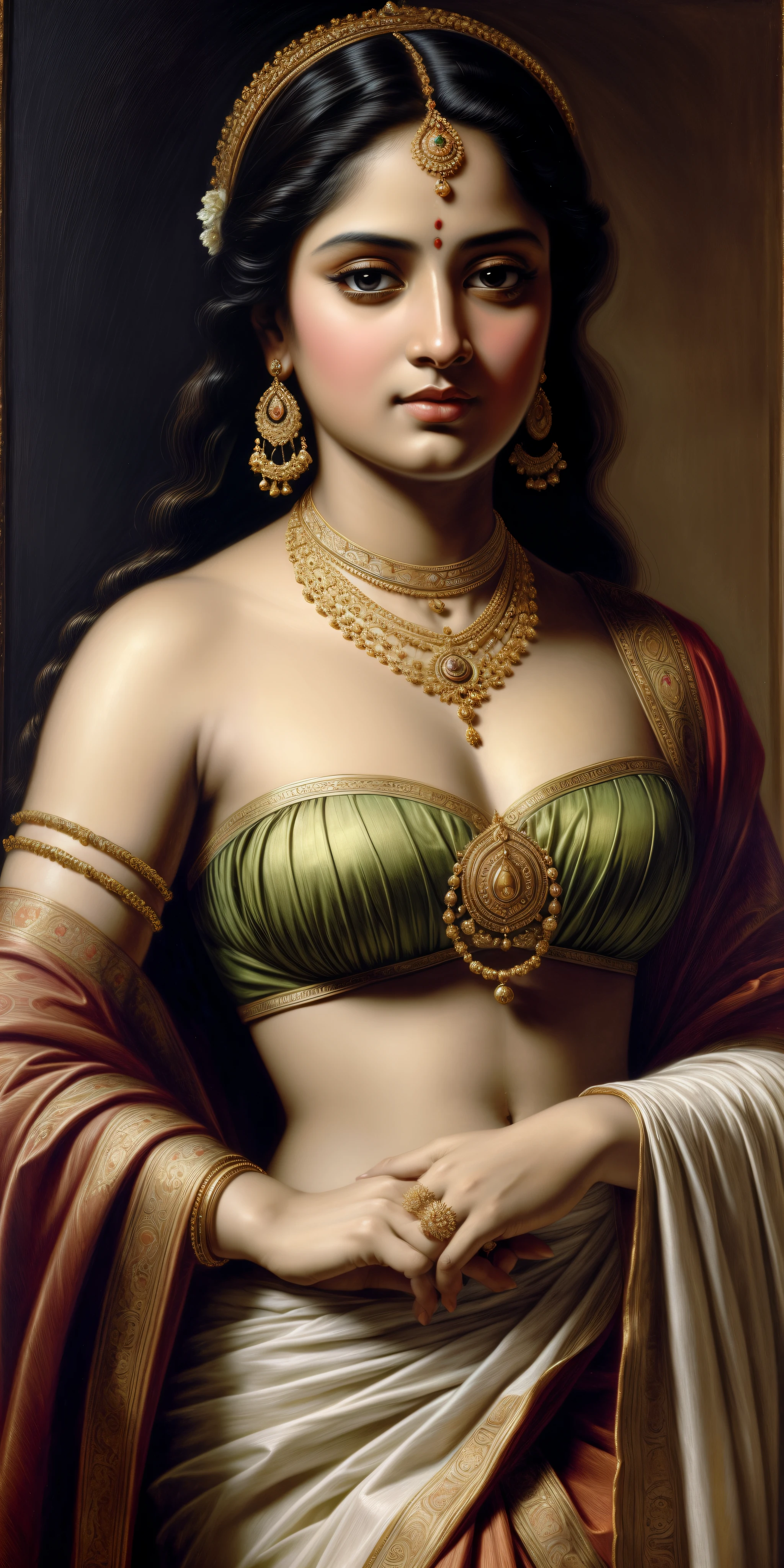 Beautiful Indian Woman, wearing saree, sari Beauty, gorgeous, Apsara, Maharani, royal queen woman, nymph from Hindu Mythology, Urvashi, matchless beauty, Highly detailed, Oil Painting by Peter Paul Rubens inspired by Raja Ravi Varma, Matchless beauty, captivating, gorgeous, heavenly beauty, celestial beauty, by Peter Paul Rubens, 1893, realistic, hyper realistic, micro details, incredible artwork, insane details, ultra High resolution, 8k, 32k,  acrylic on canvas, intricate, flawless, detailed, detailed face, detailed eyes, masterpiece, by Peter Paul Rubens, by Caravaggio, by William Adolphe bouguereau, perfect face, perfect body, beautiful art, realism, baroque, renaissance Art, highly textured, beautiful and detailed eyes, uhd, best quality,