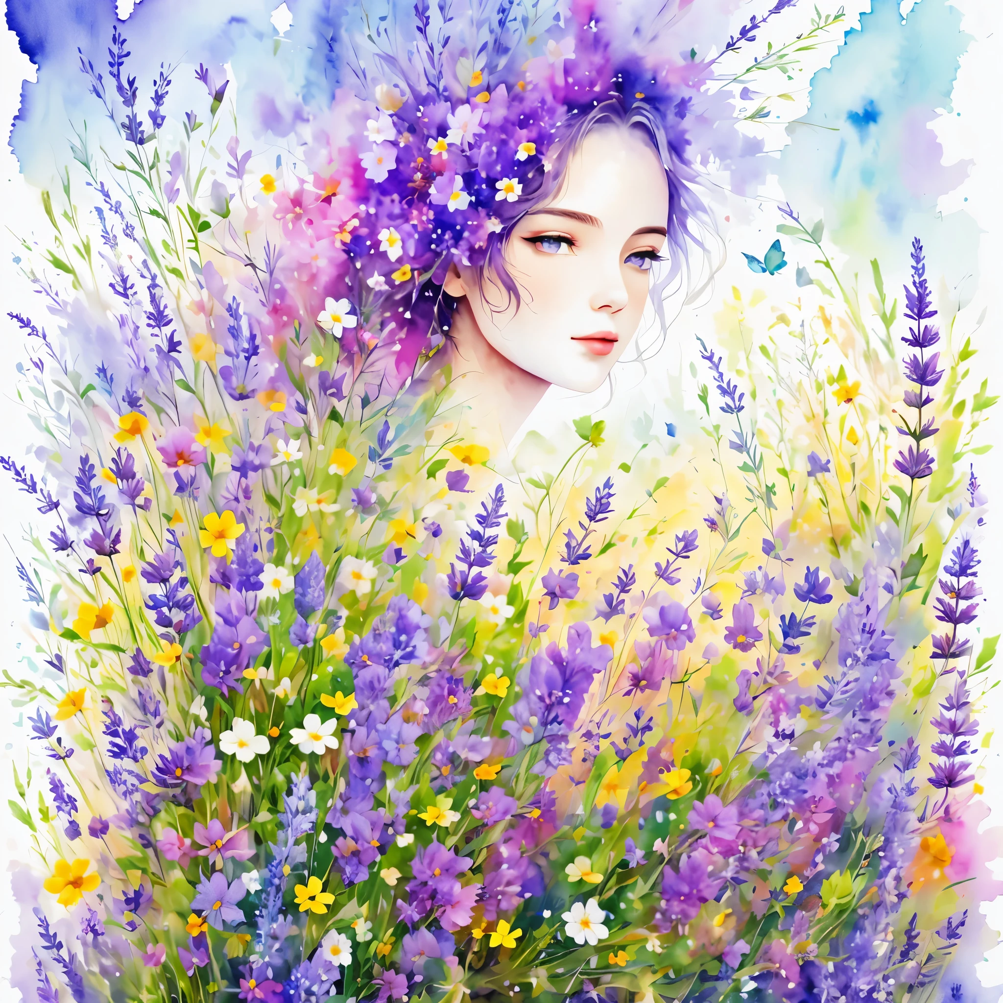 (masterpiece, best quality:1.2), Watercolor flower paintings present a delicate and refreshing visual effect. Wildflowers and lavender fields，The perfect combination of nature and romance. The screen is dominated by a white background, Highlight isolated watercolor flower. Splash technology recreates humid environments, Create a vague and dreamy atmosphere. The unique composition and abstract expression add an artistic touch to the picture, Contains elements of surrealism. The overall color tone is mainly light colors, Light purple and green complement each other, Show high-resolution details. The splash effect adds a sense of agility to the image, The light colors give the flowers a deep and restrained beauty.