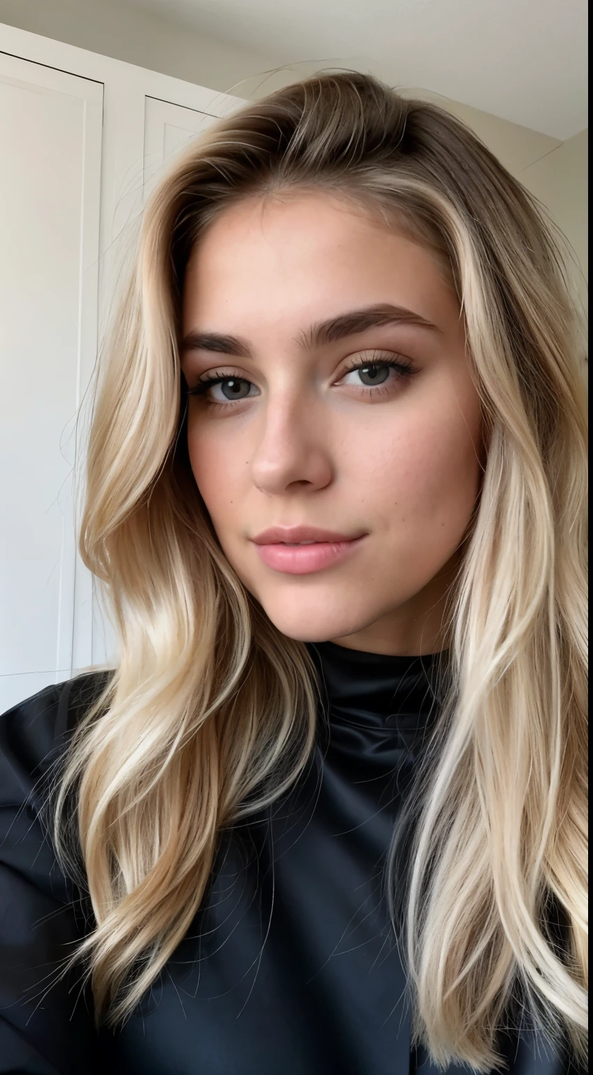 Une femme blonde de 23 ans, ((gros seins)), ((hyperréalisme)) ,. blonde hair with light brown roots. cheveux blond, Cheveux aux racines brunes, very long hair, very long hair, very long hair, beau, Vue de face, Selfie, photo prise avec iPhone, elegant black shirt with escote, Coupe-bas,selfie in gaming room, High quality, Selfie iPhone, clivage