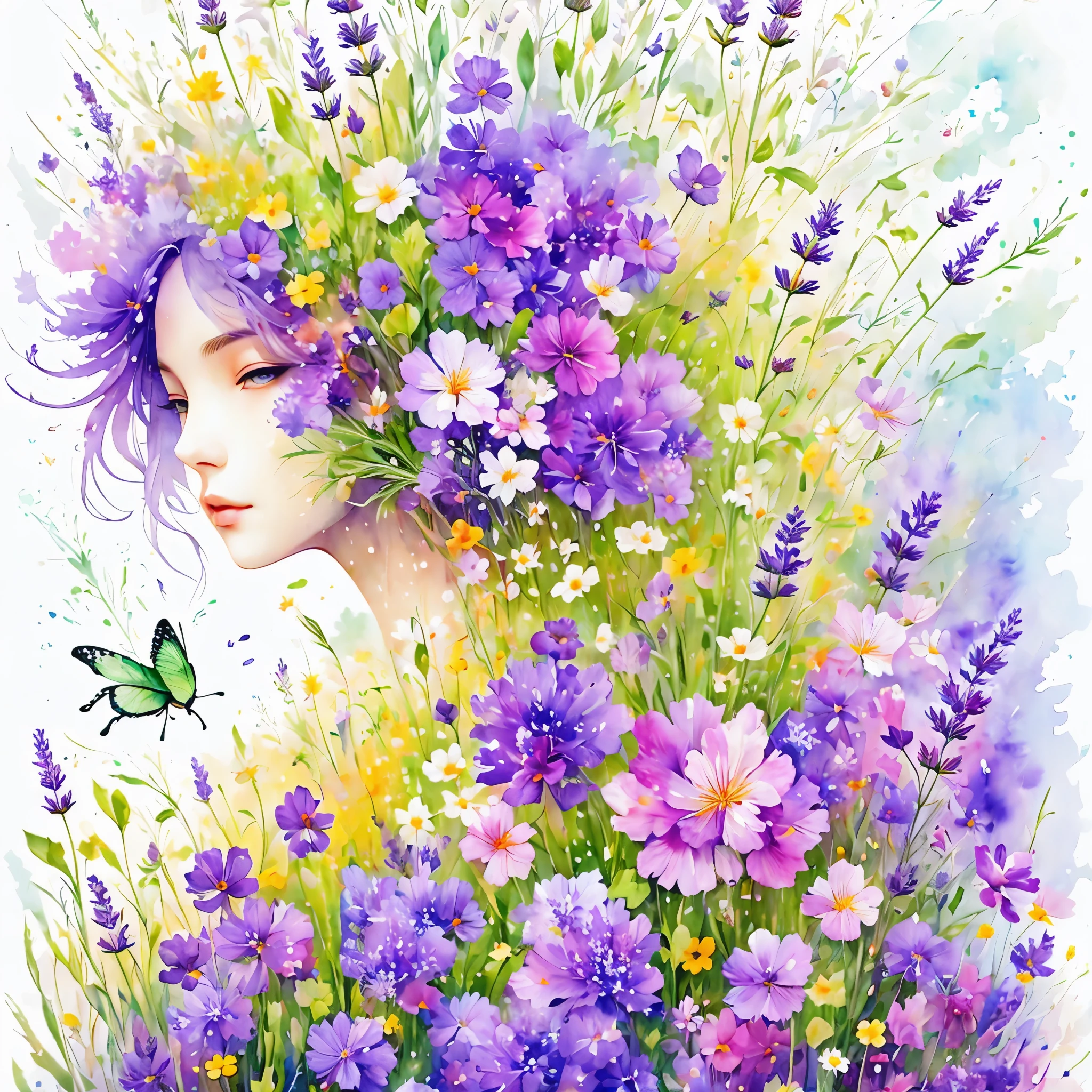 (masterpiece, best quality:1.2), Watercolor flower paintings present a delicate and refreshing visual effect. Wildflowers and lavender fields，The perfect combination of nature and romance. The screen is dominated by a white background, Highlight isolated watercolor flower. Splash technology recreates humid environments, Create a vague and dreamy atmosphere. The unique composition and abstract expression add an artistic touch to the picture, Contains elements of surrealism. The overall color tone is mainly light colors, Light purple and green complement each other, Show high-resolution details. The splash effect adds a sense of agility to the image, The light colors give the flowers a deep and restrained beauty.