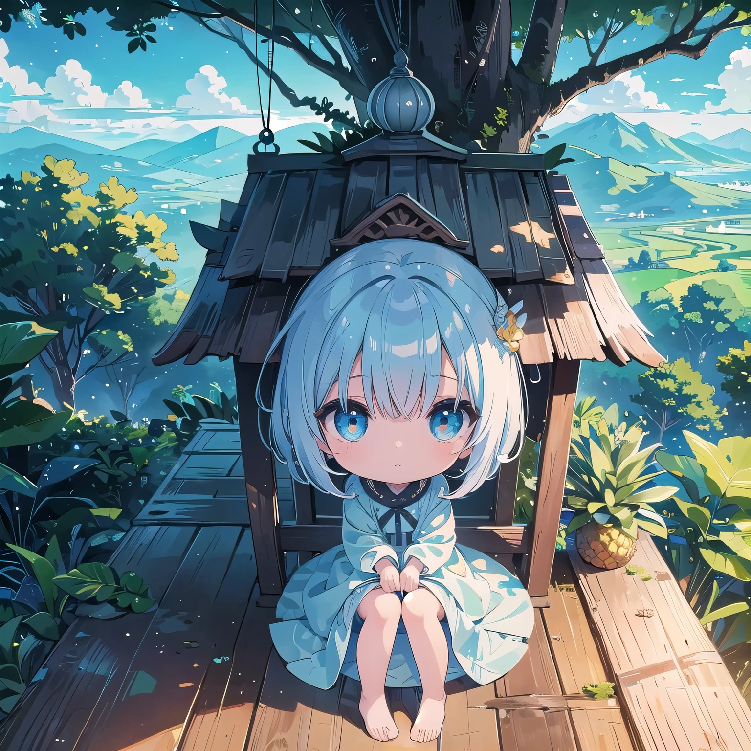 Emotionless chibi character, detailed advanced digital chibi art style, pineapple, light blue chignon hair, pretty face, anime chibi, full body, toned expression and face, pineapple figurine, morning, plains and giant trees, sitting leaning against a tree, Tree house,winter dress,tower, temple, hide and seek, bird's eye view from above, wave hands, A different world full of pineapples