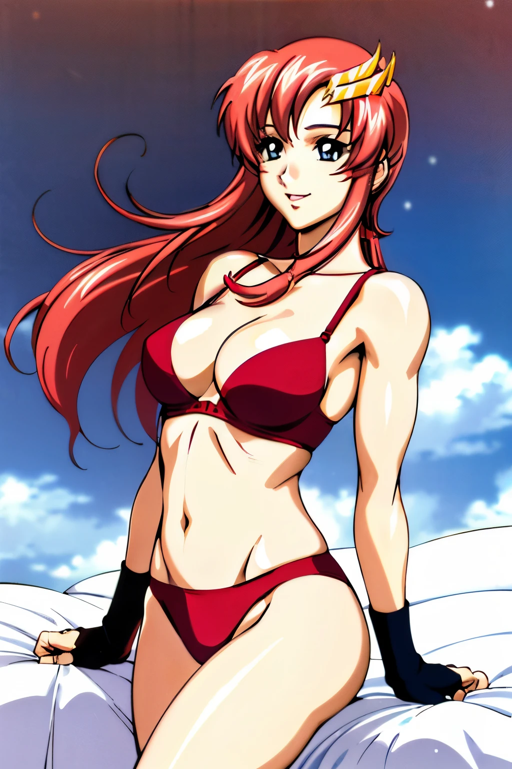 lacus4, (red bikini, arm band, short gloves, boots), (masterpiece, laying on bed, very slim shoulders, 4K, Best Quality, Anime style: 1.9, happy, Adult Woman, (ultra detailed head), (arena, cloud background), Drawing lines, high resolution, lacus4), 1girl, Solo, curvy figure, Long hair, clavicle, scapular, (Detailed wide hair bangs, Hair Ornament, Detailed reddish-pink hair, shiny streaks, slim arms, detailed golden crest), cleavage, large hands, (hair cover shoulders). (Big blue eyes, shiny eyes), ((slim body, slim arms)), ((perfect proportions, medium breasts, long belly, very little biceps)), ((totally red bra, neck band,))), smile, (hot colors), detailed fingers, (bare shoulders)
