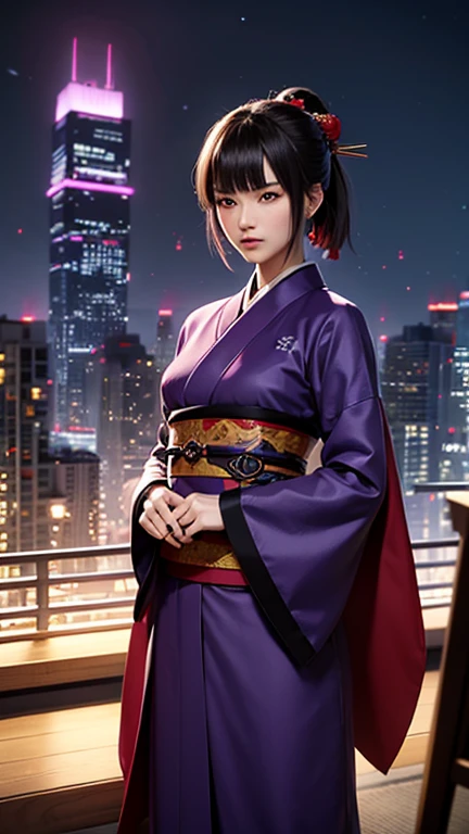 （male忍者）（male）（purple and red kimono）（Ninja in Japanese clothes）（futuristic kimono）（fight the enemy）（Scene with action）（night scenery）（On top of a tall futuristic Edo building）（Combat on futuristic roads）（How it unfolds）（A scene in which a futuristic ninja confronts an enemy）（advanced tactics）（Use superhuman abilities）（Fighting）（masterpiece　）（highest quality　）（３ｄｃｇ　）（Dense and delicate）（Fantastic and fascinating art）