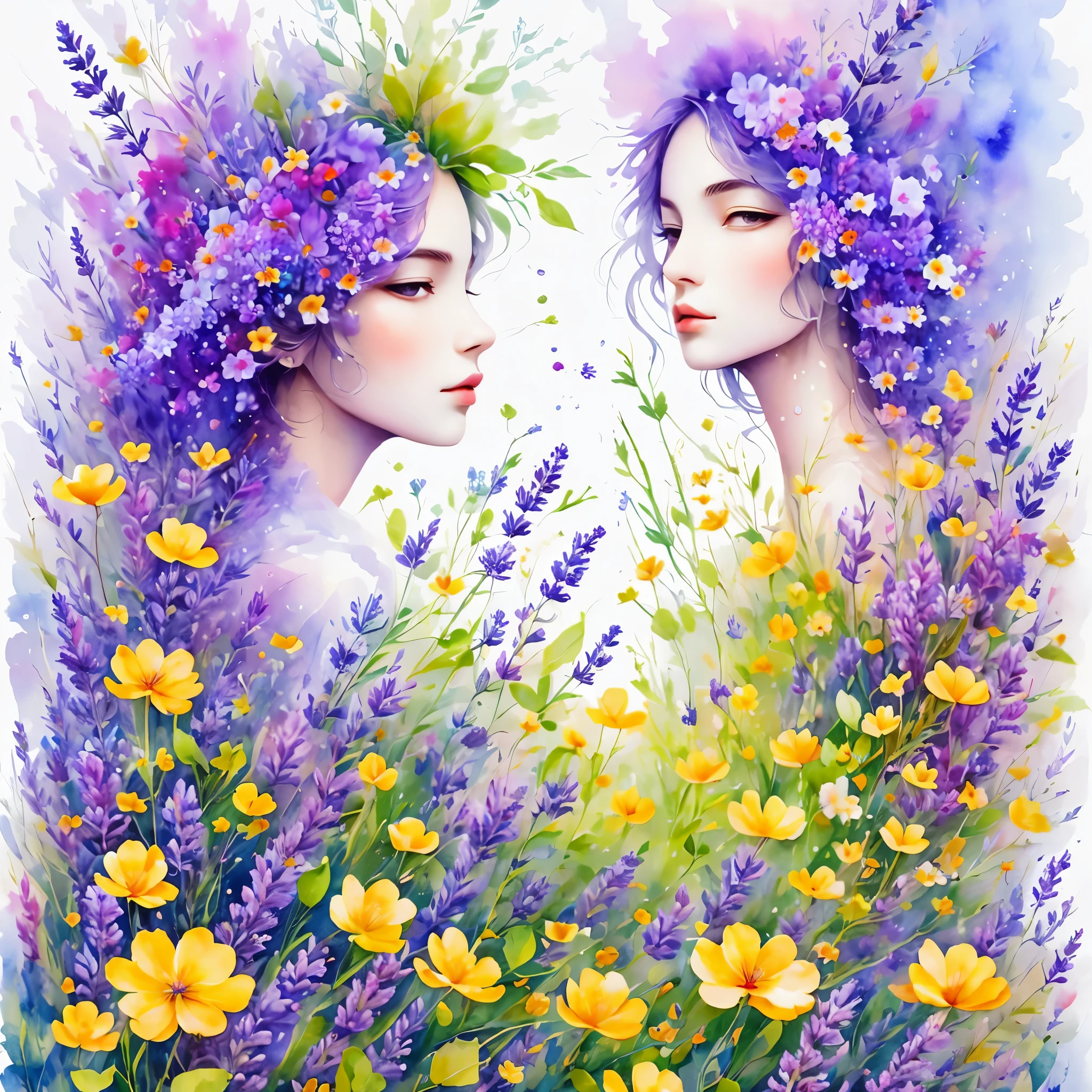 (masterpiece, best quality:1.2), Watercolor flower paintings present a delicate and refreshing visual effect. Wildflowers and lavender fields,The perfect combination of nature and romance. The screen is dominated by a white background, Highlight isolated watercolor flower. Splash technology recreates humid environments, Create a vague and dreamy atmosphere. The unique composition and abstract expression add an artistic touch to the picture, Contains elements of surrealism. The overall color tone is mainly light colors, Light purple and green complement each other, Show high-resolution details. The splash effect adds a sense of agility to the image, The light colors give the flowers a deep and restrained beauty.