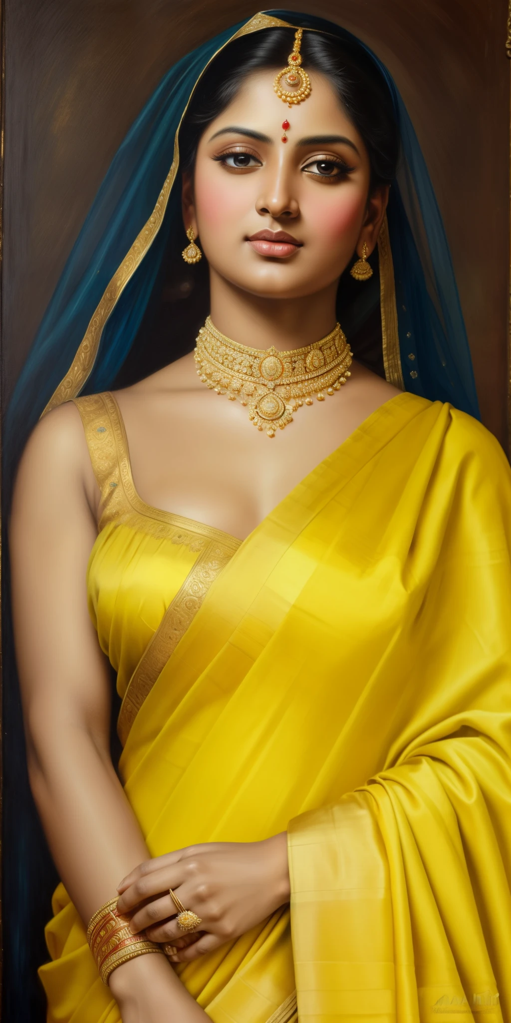 Beautiful Indian Woman, wearing saree, sari Beauty, gorgeous, Apsara, Maharani, royal queen woman, nymph from Hindu Mythology, Urvashi, matchless beauty, Highly detailed, Oil Painting by Peter Paul Rubens inspired by Raja Ravi Varma, Matchless beauty, captivating, gorgeous, heavenly beauty, celestial beauty, by Peter Paul Rubens, 1893, realistic, hyper realistic, micro details, incredible artwork, insane details, ultra High resolution, 8k, 32k, acrylic on canvas, intricate, flawless, detailed, detailed face, detailed eyes, masterpiece, by Peter Paul Rubens, by Caravaggio, by William Adolphe bouguereau, perfect face, perfect body, beautiful art, realism, baroque, renaissance Art, highly textured, beautiful and detailed eyes, uhd, best quality,