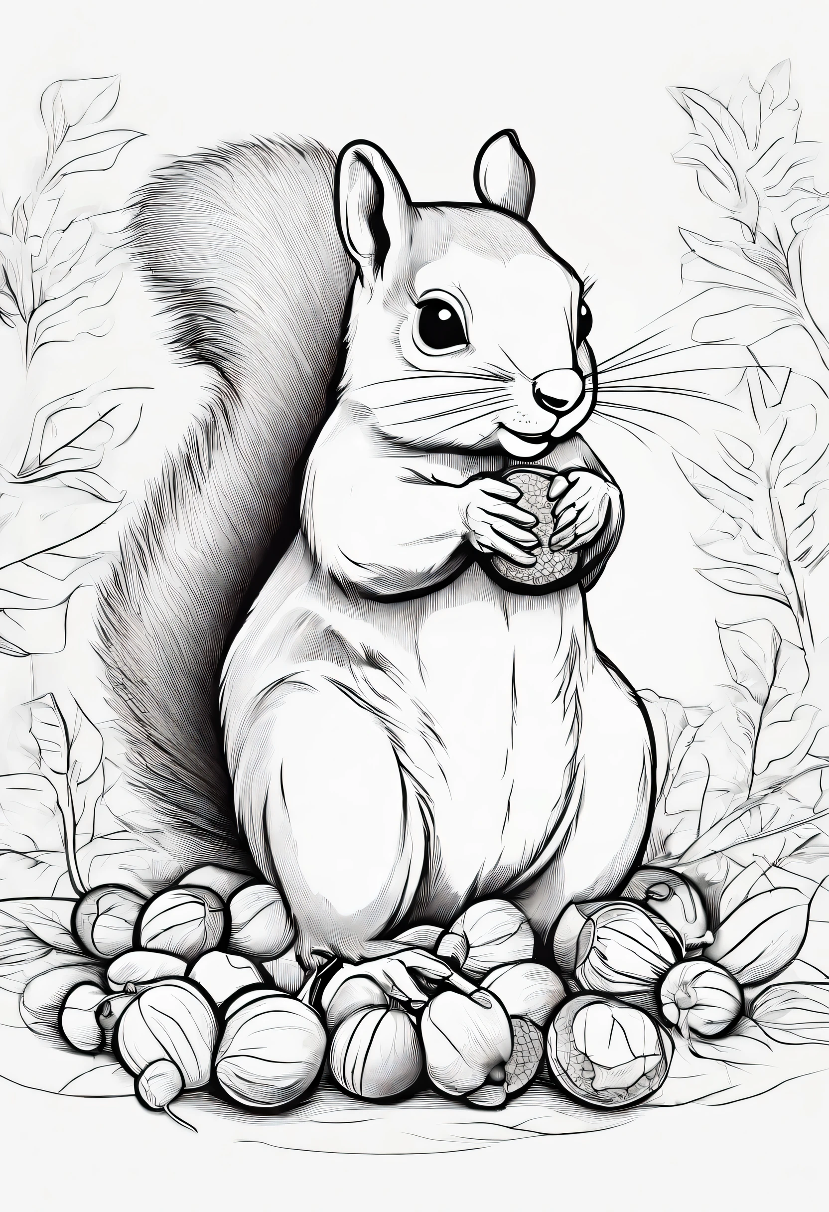 cute squirrel eating acorns, cartoon character, line art, 3d style, high quality, coloring page, hand draw, line art