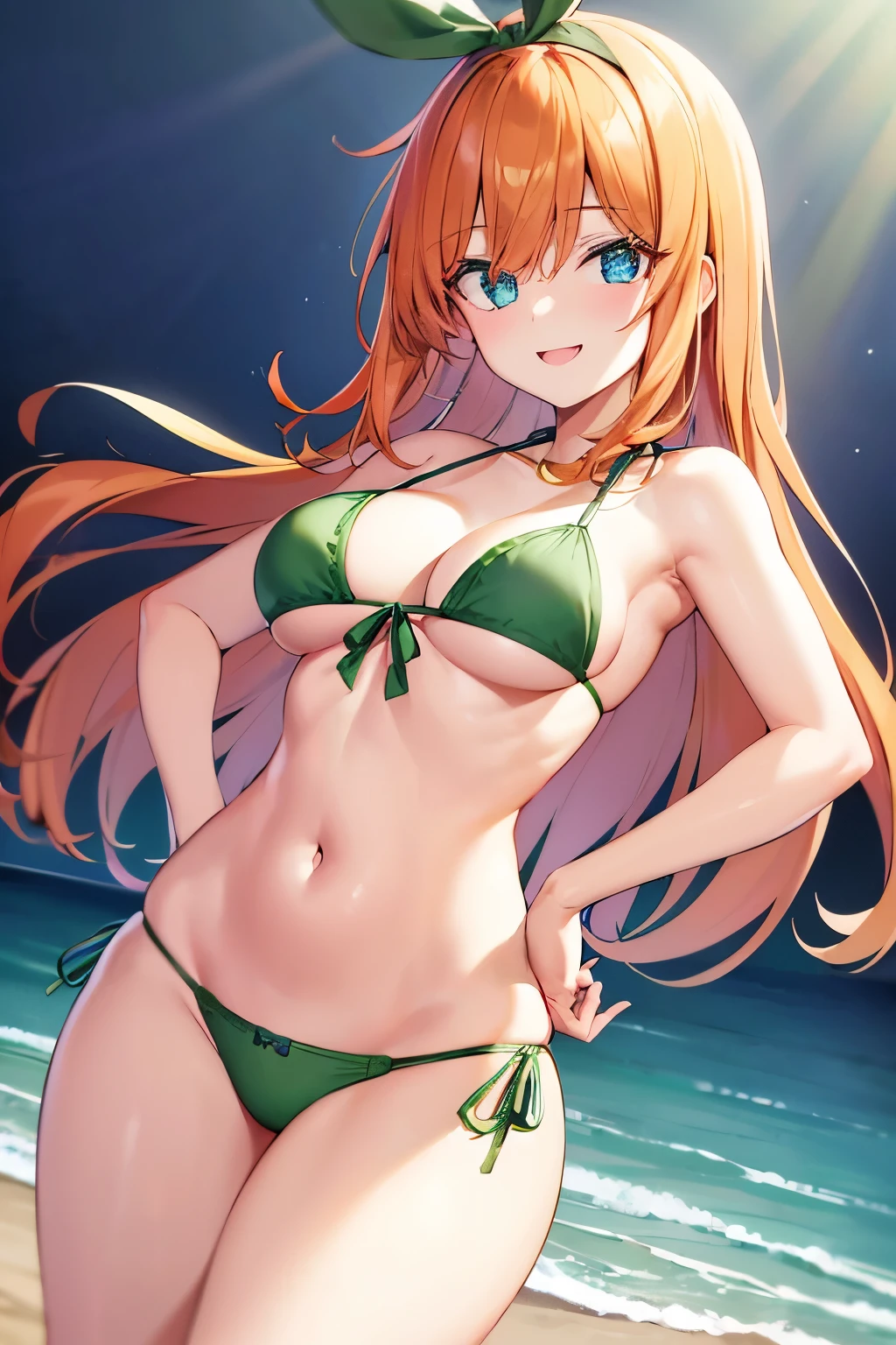 Yotsuba Nakano, Haare zwischen den Augen, Haaraufnahme, green hair band, lange orange Haare, OrangeHair,(blue Augen:1.5), Orange Haare, zwei Seiten nach oben, green ribbon,Oberschenkel Oberschenkel Oberschenkel Oberschenkel, BREAK schaut den Betrachter an,brechen (Tischplatte:1.2), best quality, high resolution, Unity 8k-Hintergrundbild, (Illustration:0.8), (beautiful detailed eyes:1.6), besonders detailliertes Gesicht, perfekte Beleuchtung, Extrem detaillierte CG, (perfect hands, perfekte Anatomie),Sassy big、Smile with your mouth open、,(grün Bikini:1.5)、(der Strand:1.3)、Cowboy-Schuss、Hands on hips, green bikini, no teeth 