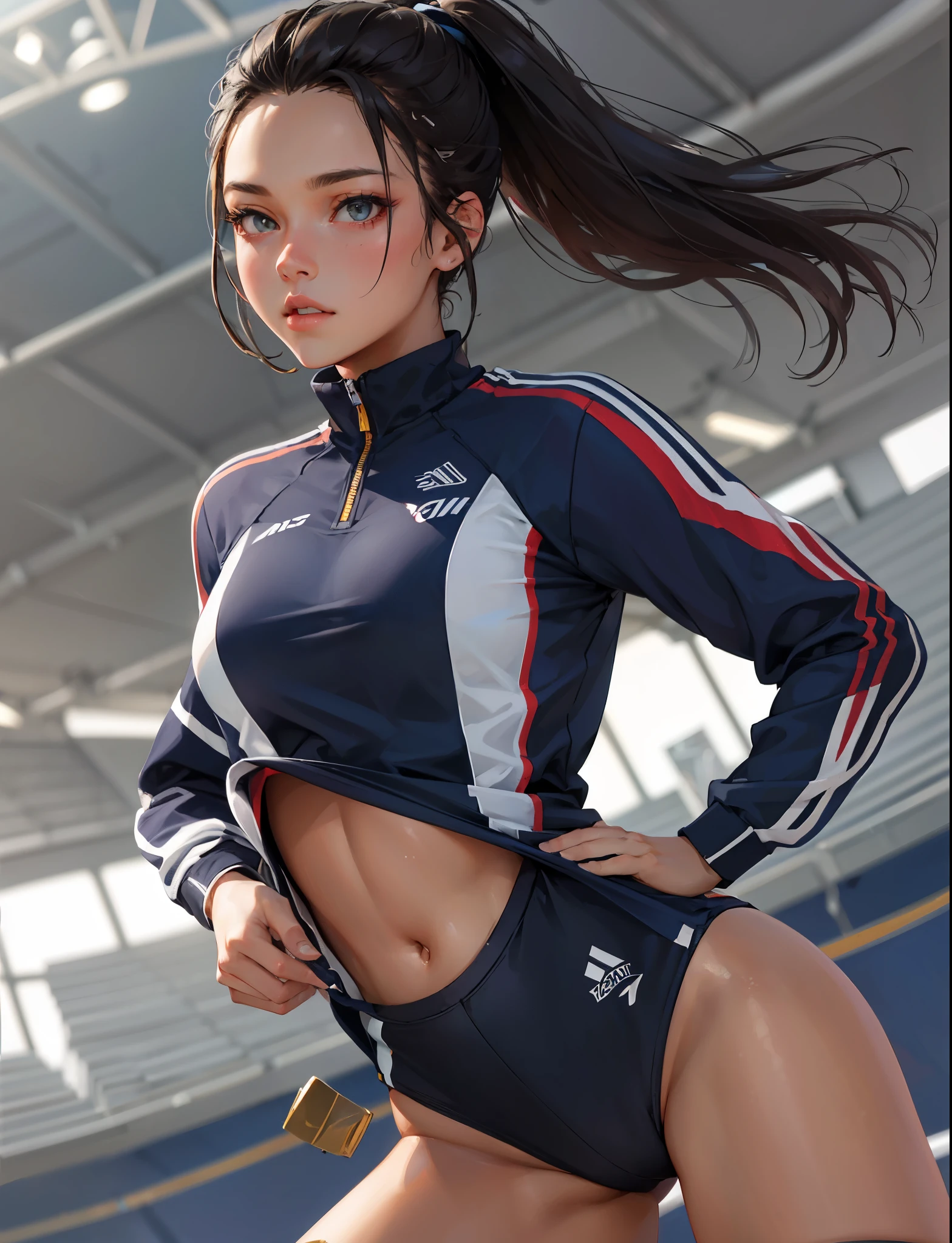 high quality,HD,16k,sharp lines,1 girl,Female track and field athlete ,cute face, medium breasts, nice legs,At the track and field,focus girl,detailed beautiful face,detailed clothes,beautiful eyes,cool,dynamic angle