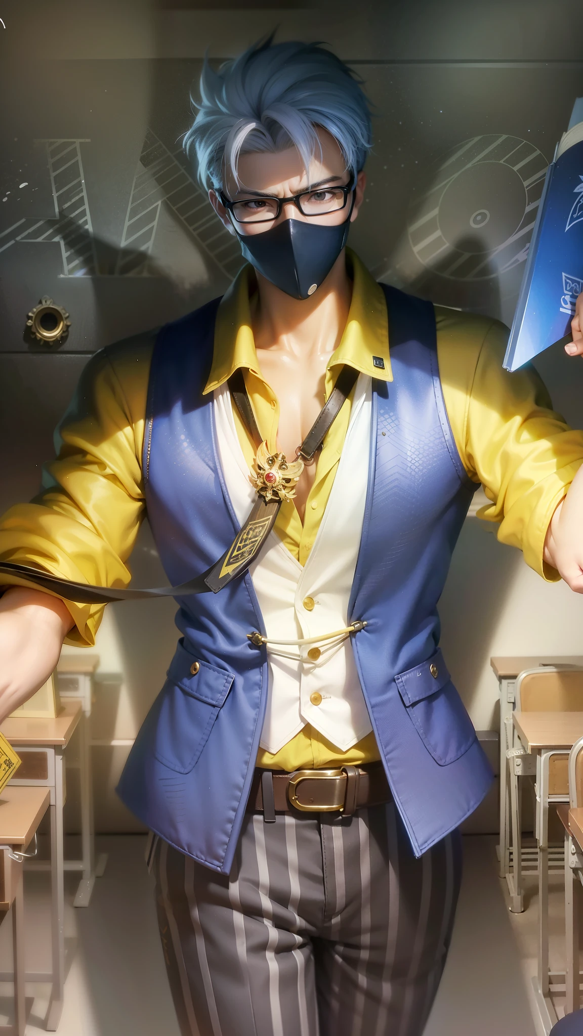 anime character with a mask and glasses holding a book, inspired by Cao Buxing, range murata and artgerm, style ivan talavera and artgerm, style of artgerm, sakimichan frank franzzeta, artgerm. high detail, character splash art, inspired by Huang Shen, artgerm. anime illustration
