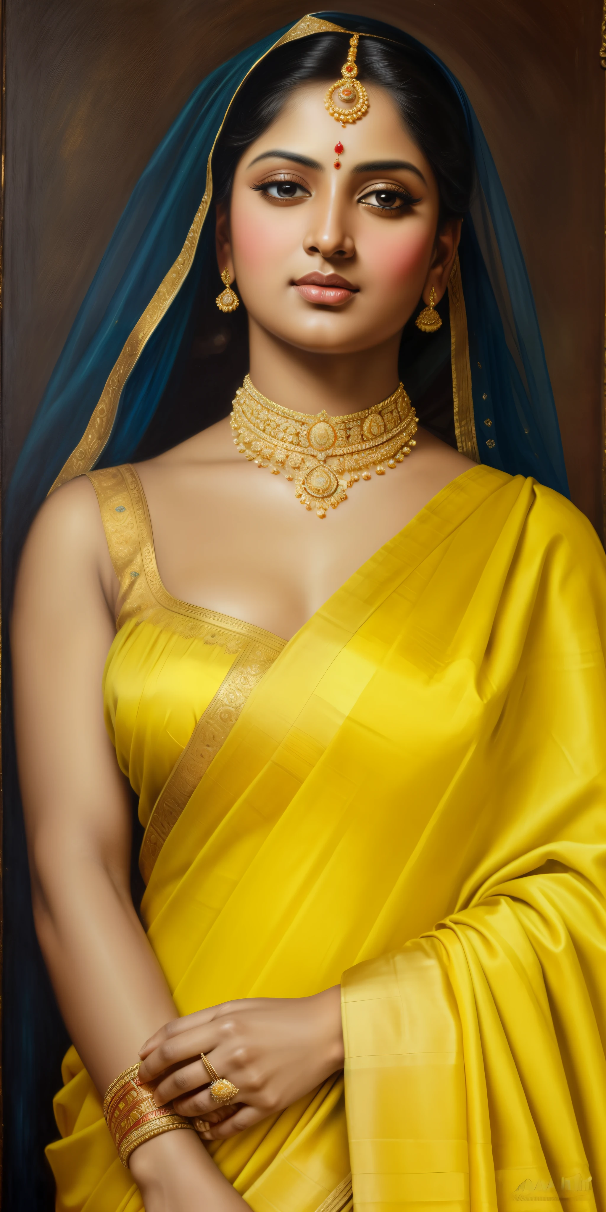 Beautiful Indian Woman, wearing saree, sari Beauty, gorgeous, Apsara, Maharani, royal queen woman, nymph from Hindu Mythology, Urvashi, matchless beauty, Highly detailed, Oil Painting by Peter Paul Rubens inspired by Raja Ravi Varma, Matchless beauty, captivating, gorgeous, heavenly beauty, celestial beauty, by Peter Paul Rubens, 1893, realistic, hyper realistic, micro details, incredible artwork, insane details, ultra High resolution, 8k, 32k, acrylic on canvas, intricate, flawless, detailed, detailed face, detailed eyes, masterpiece, by Peter Paul Rubens, by Caravaggio, by William Adolphe bouguereau, perfect face, perfect body, beautiful art, realism, baroque, renaissance Art, highly textured, beautiful and detailed eyes, uhd, best quality,