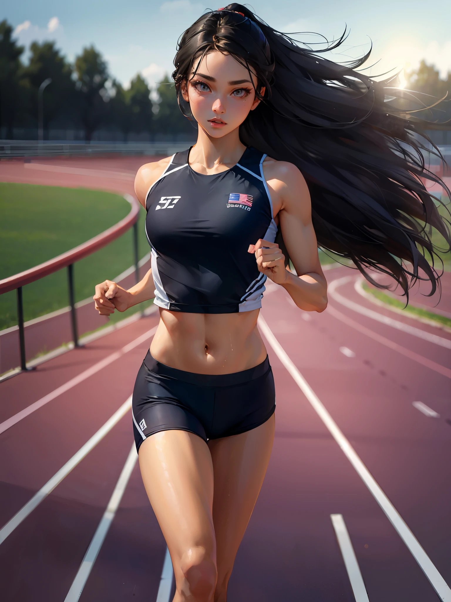 ((,Beautiful Girl, small head)), Daylight, Sunlight, (Perfect body : 1.1), detailed hairs, nice legs, Wearing a track and field uniform, (Very detailed CG 8k wallpaper), (extremely delicate and beautiful), (masutepiece), (Best Quality:1.0), (Ultra High Resolution:1.0),  Beautiful lighting ,Perfect Lightning, Realistic Shadows, [hight resolution], Detailed skin, Ultra-detailed,track and field
