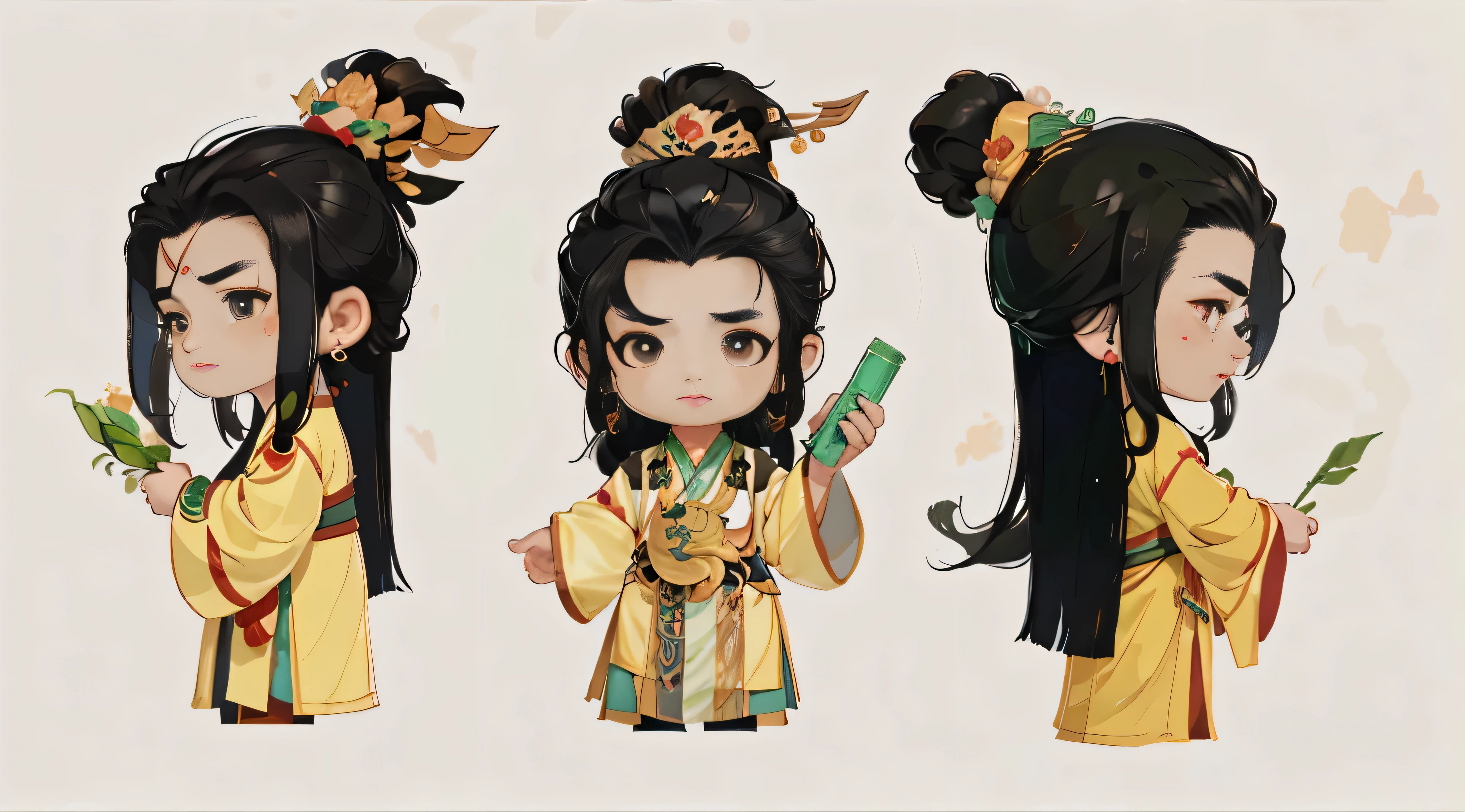 A boy with long black hair wearing Chinese ancient costume holds a green bamboo slip in his hand, Exquisite and high quality clothing, 8k, high quality images