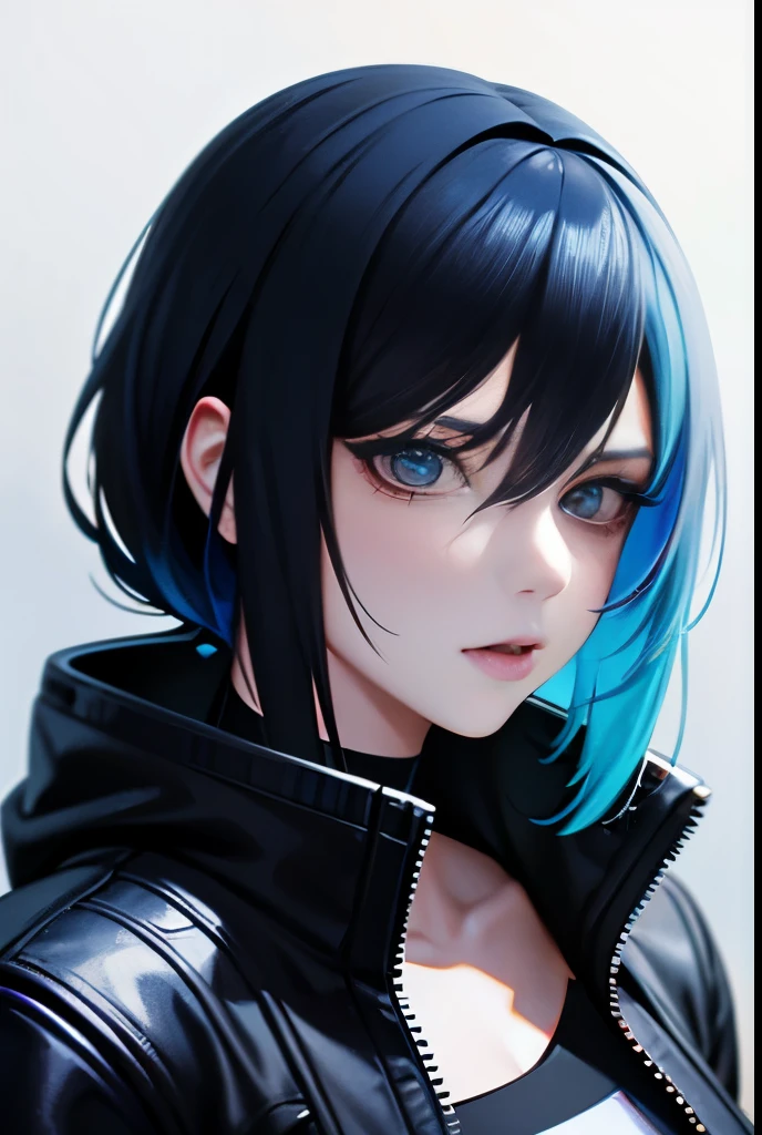 Close up portrait of blue-haired woman in black jacket, cyberpunk anime girl, female cyberpunk anime girl, Gwaites style artwork, anime style. 8k, Cyberpunk girl with jet black hair, anime style 4 k, cyberpunk beautiful girl, cyberpunk 20 years. I&#39;m a model girl, Realistic anime 3d style