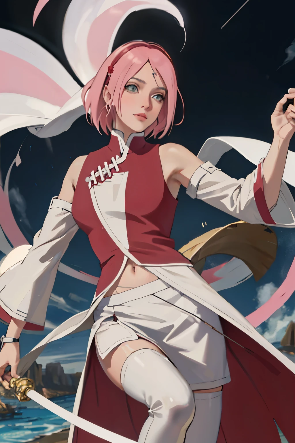 Obra maestra, absurdo, (detalles intrincados), (vistoso), cinematic lighting, Fondo de pantalla de unidad CG de 8k extremadamente detallado, 1 chica, pechos muy grandes, sakura haruno, puppy position, tirar, NSFW, provocativo, nervioso, avergonzado, rubor, Ropa desgarrada, parcialmente desnudo